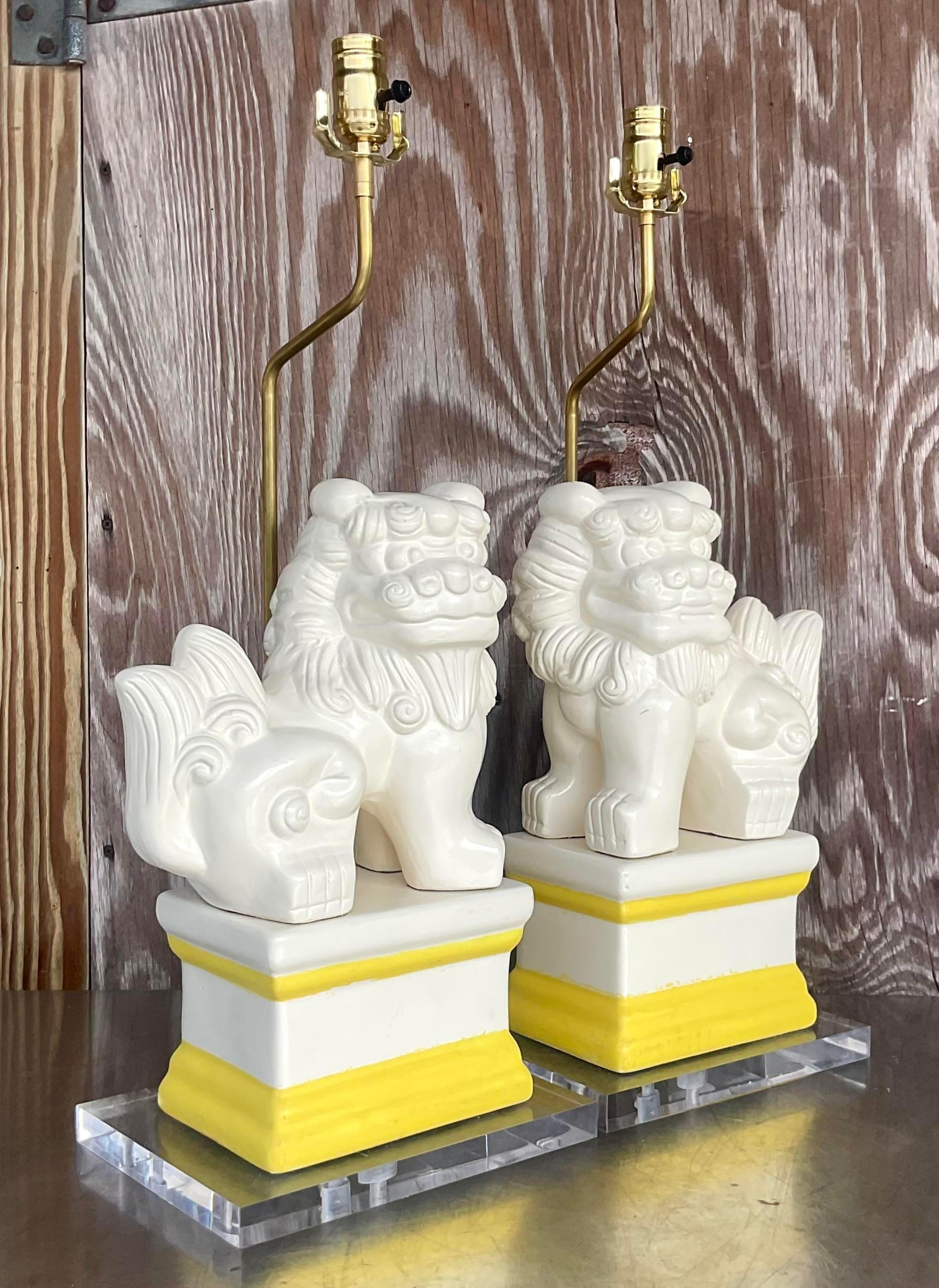 Metal Vintage Asian Lacquered Foo Dog Lamps - a Pair For Sale