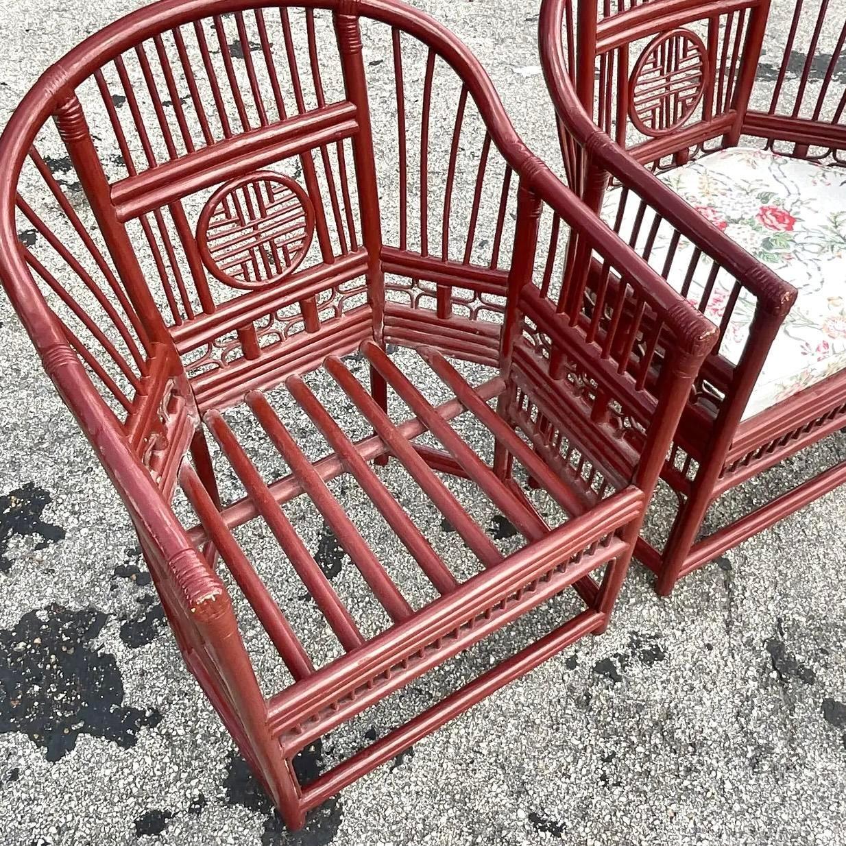 Philippine Vintage Asian Lacquered Medallion Brighton Rattan Chairs - a Pair