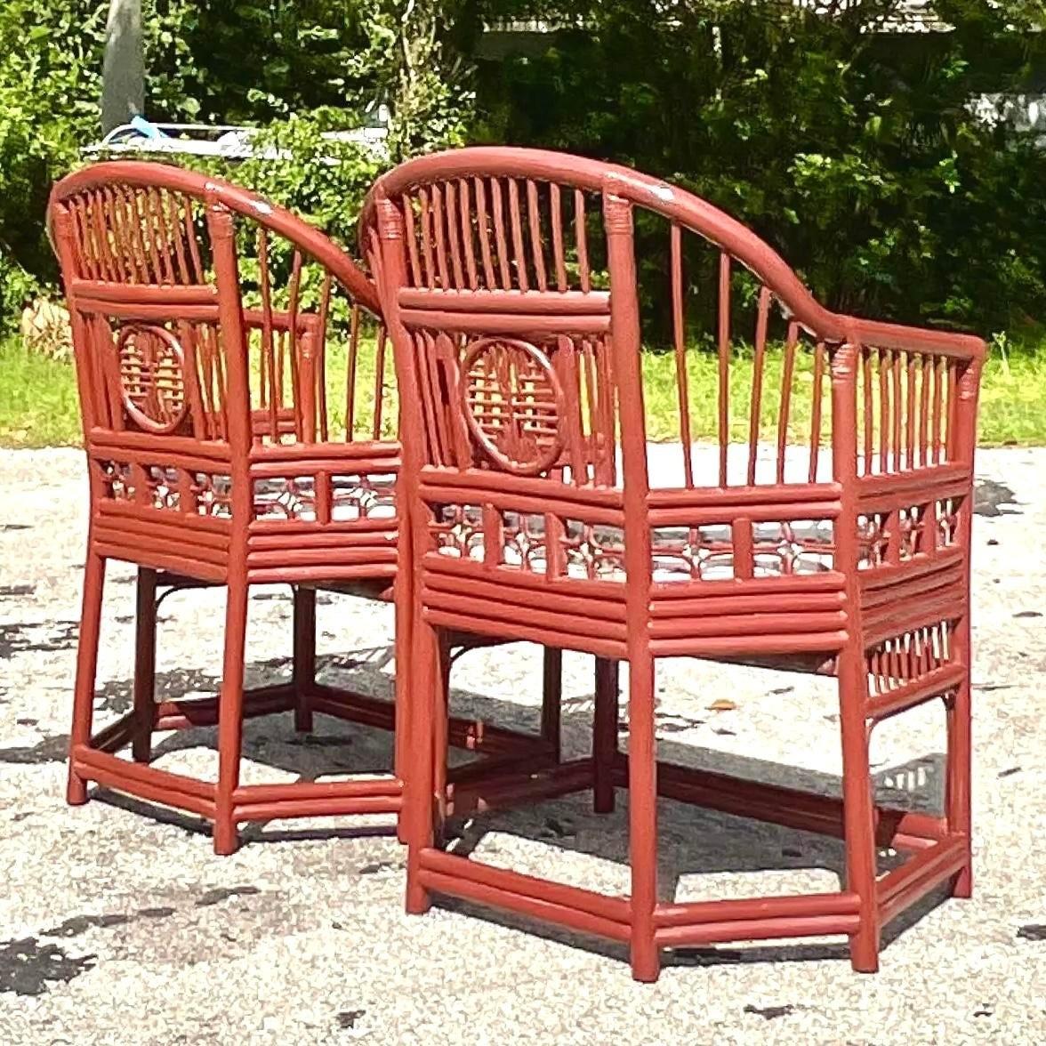 Vintage Asian Lacquered Medallion Brighton Rattan Chairs - a Pair In Good Condition In West Palm Beach, FL