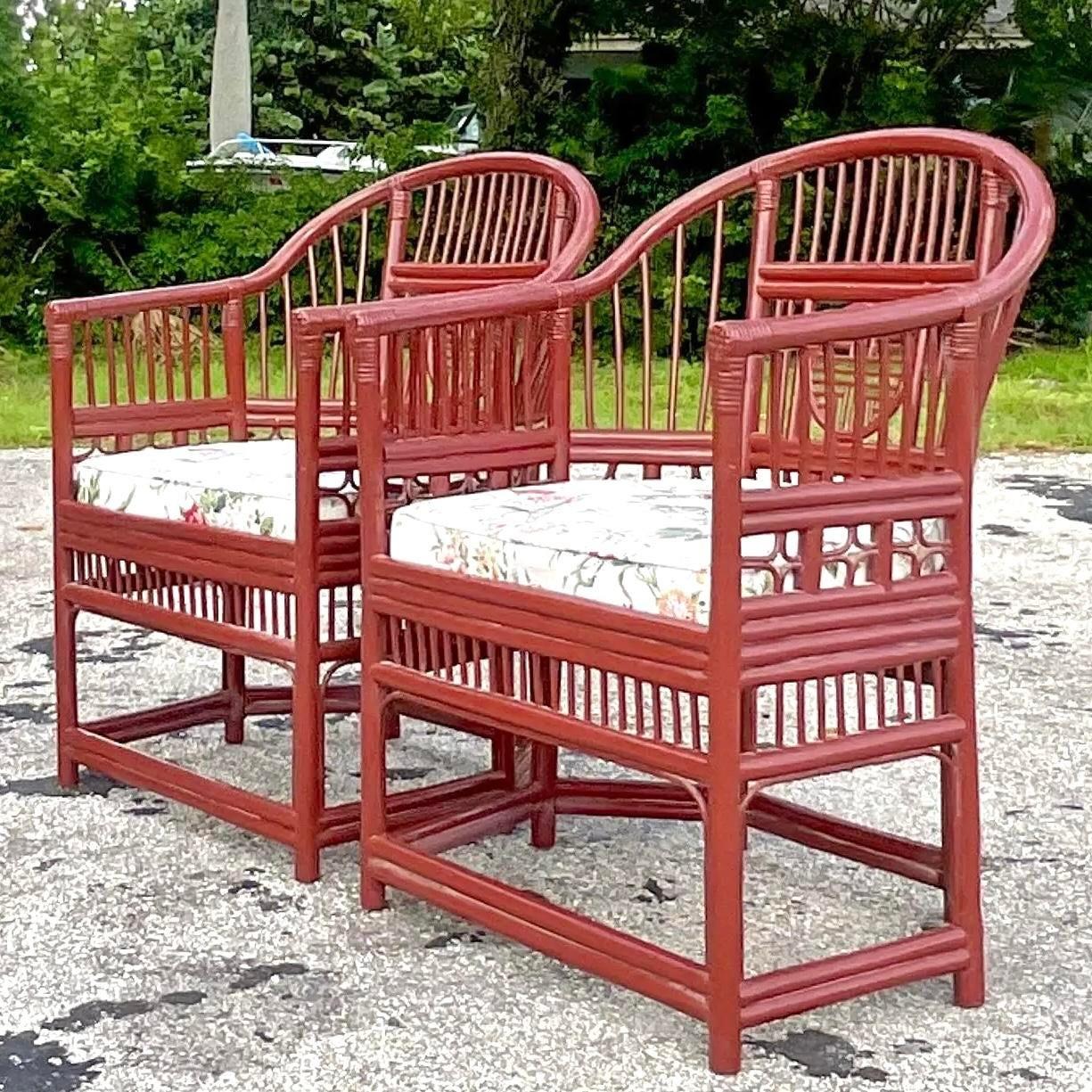 20th Century Vintage Asian Lacquered Medallion Brighton Rattan Chairs - a Pair