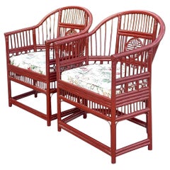 Vintage Asian Lacquered Medallion Brighton Rattan Chairs - a Pair