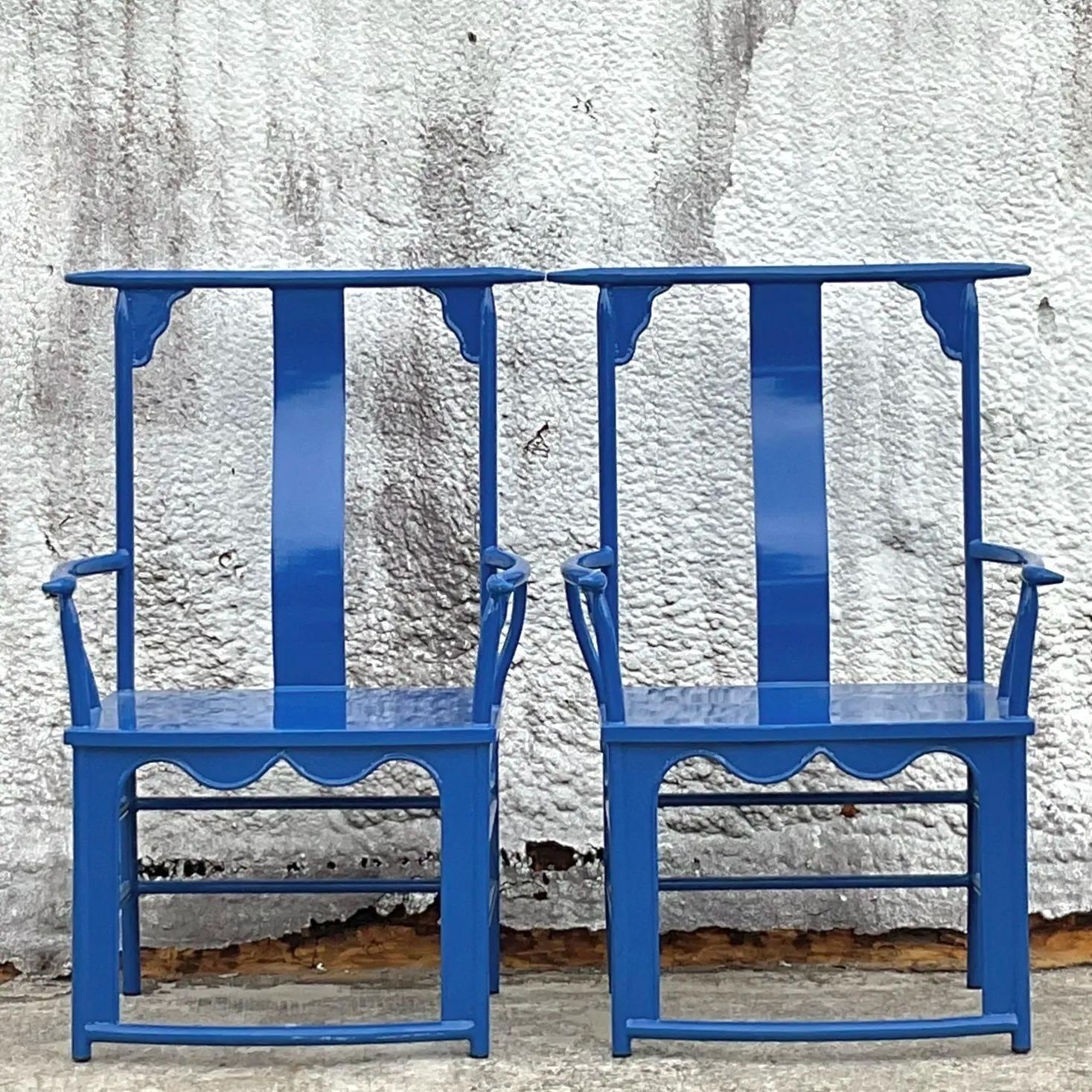 American Vintage Asian Lacquered Metal “China Seas” Emperor Chairs - a Pair