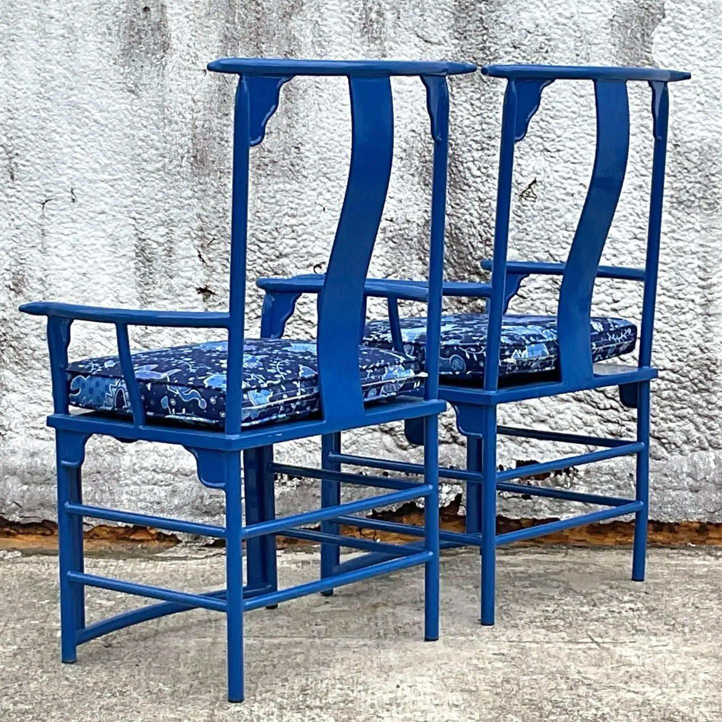 Vintage Asian Lacquered Metal “China Seas” Emperor Chairs - a Pair In Good Condition In west palm beach, FL