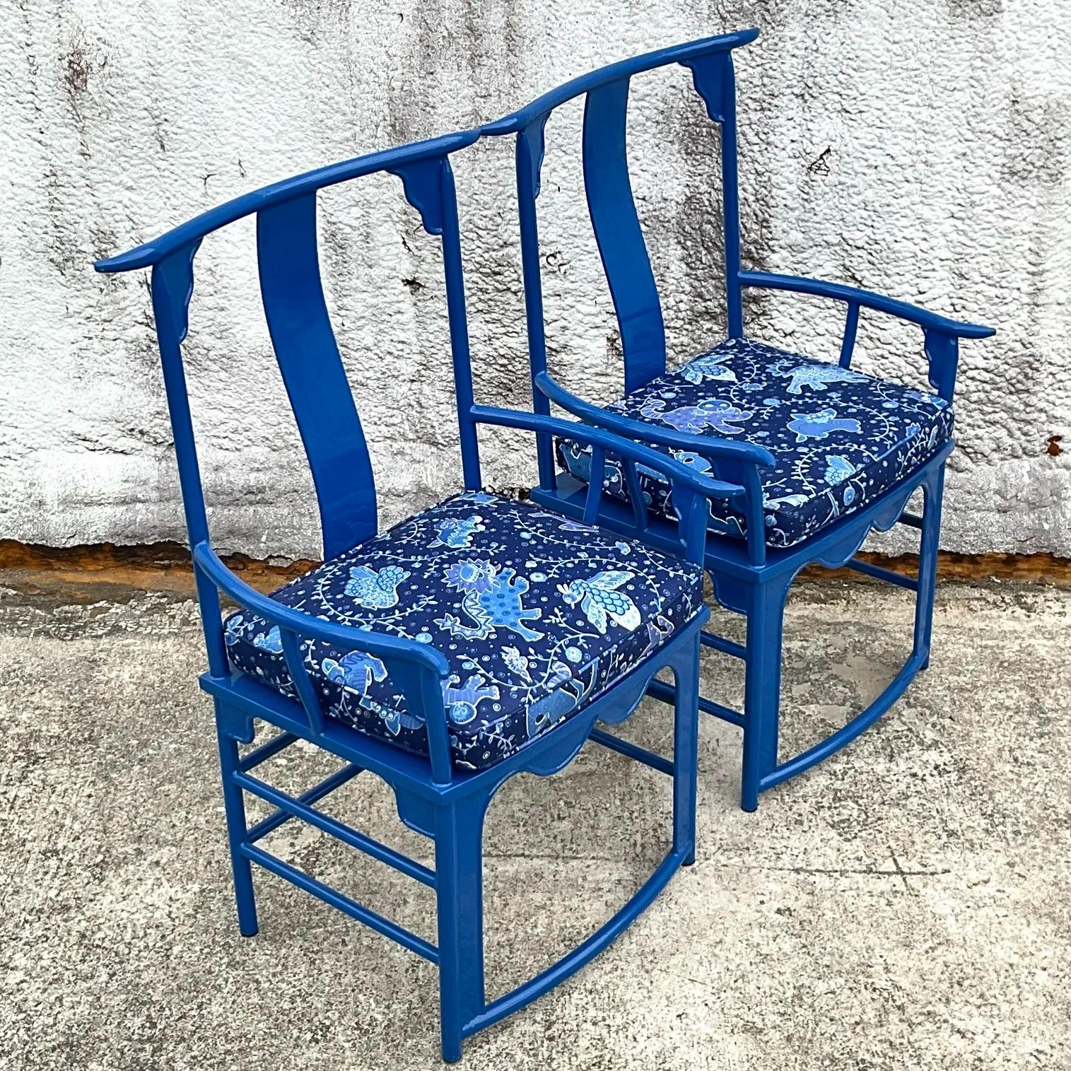 20th Century Vintage Asian Lacquered Metal “China Seas” Emperor Chairs - a Pair