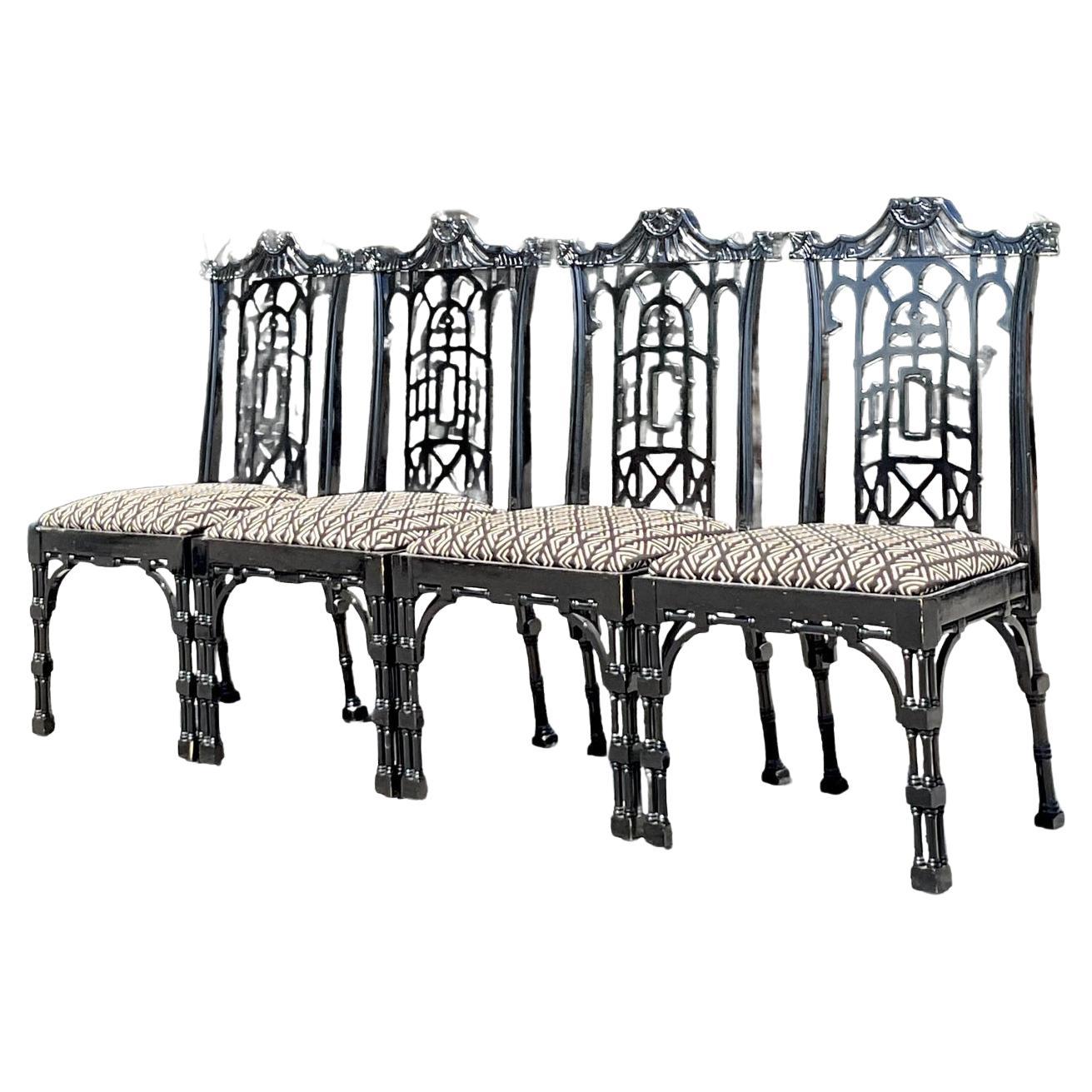 Vintage Asian Lacquered Pagoda Chairs - Set of 4