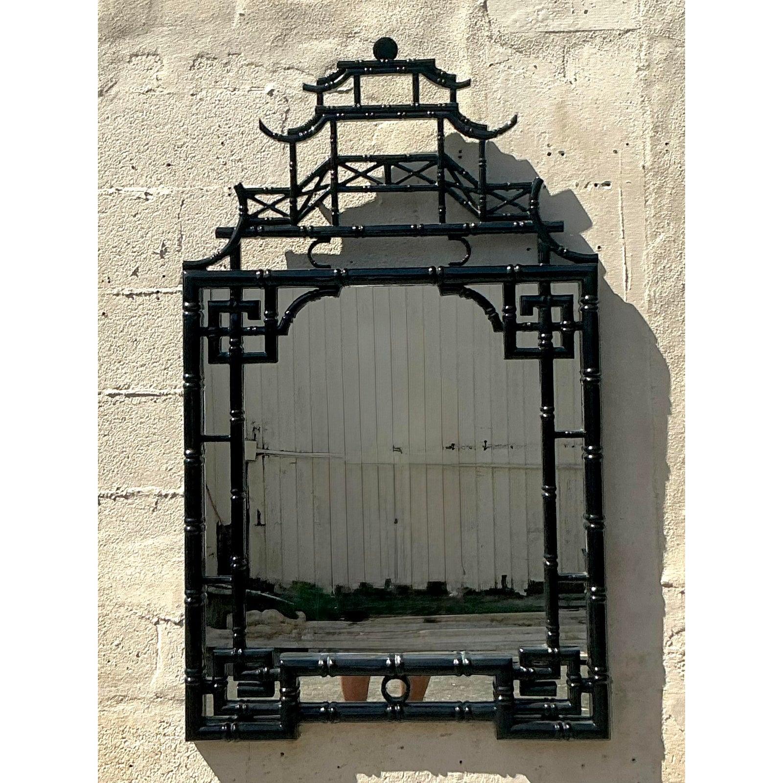 Chinoiseries Vintage Asian Lacquered Pagoda Mirror en vente