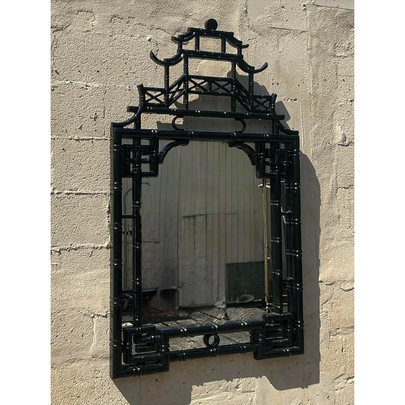 Américain Vintage Asian Lacquered Pagoda Mirror en vente