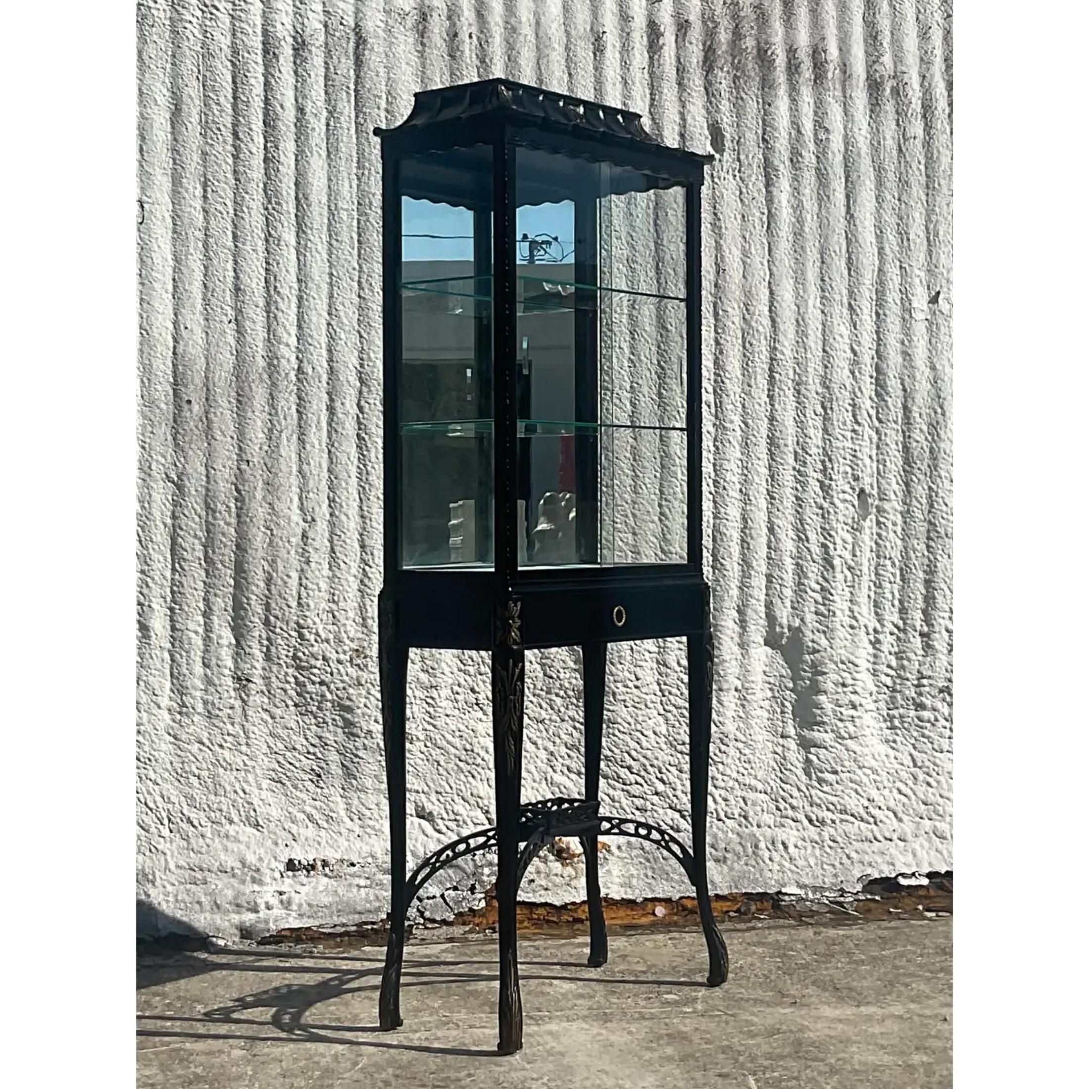 Bohemian Vintage Asian Lacquered Pagoda Vitrine For Sale