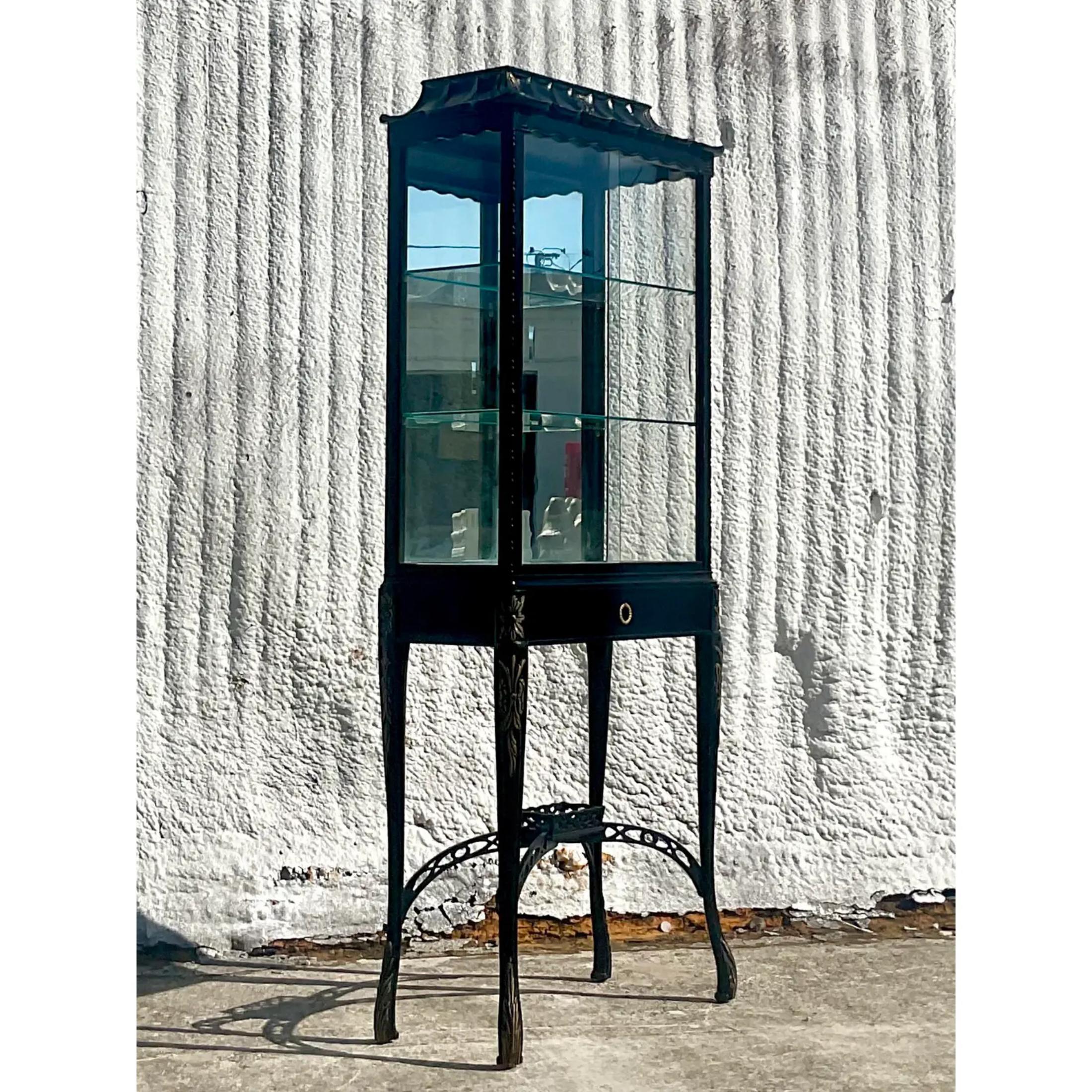 Velvet Vintage Asian Lacquered Pagoda Vitrine For Sale