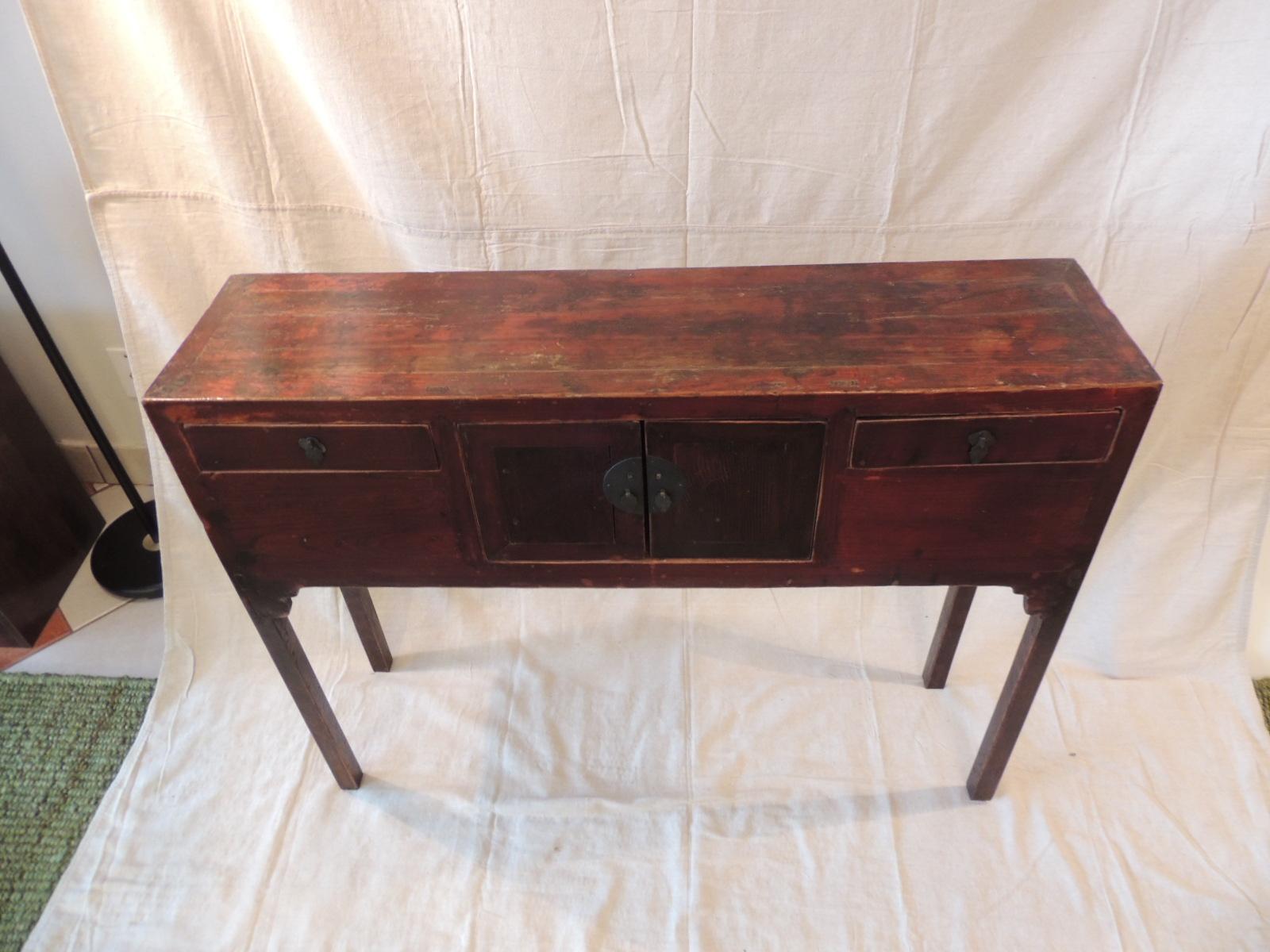Chinese Vintage Asian Lacquered Red Console Table with Drawers and Doors