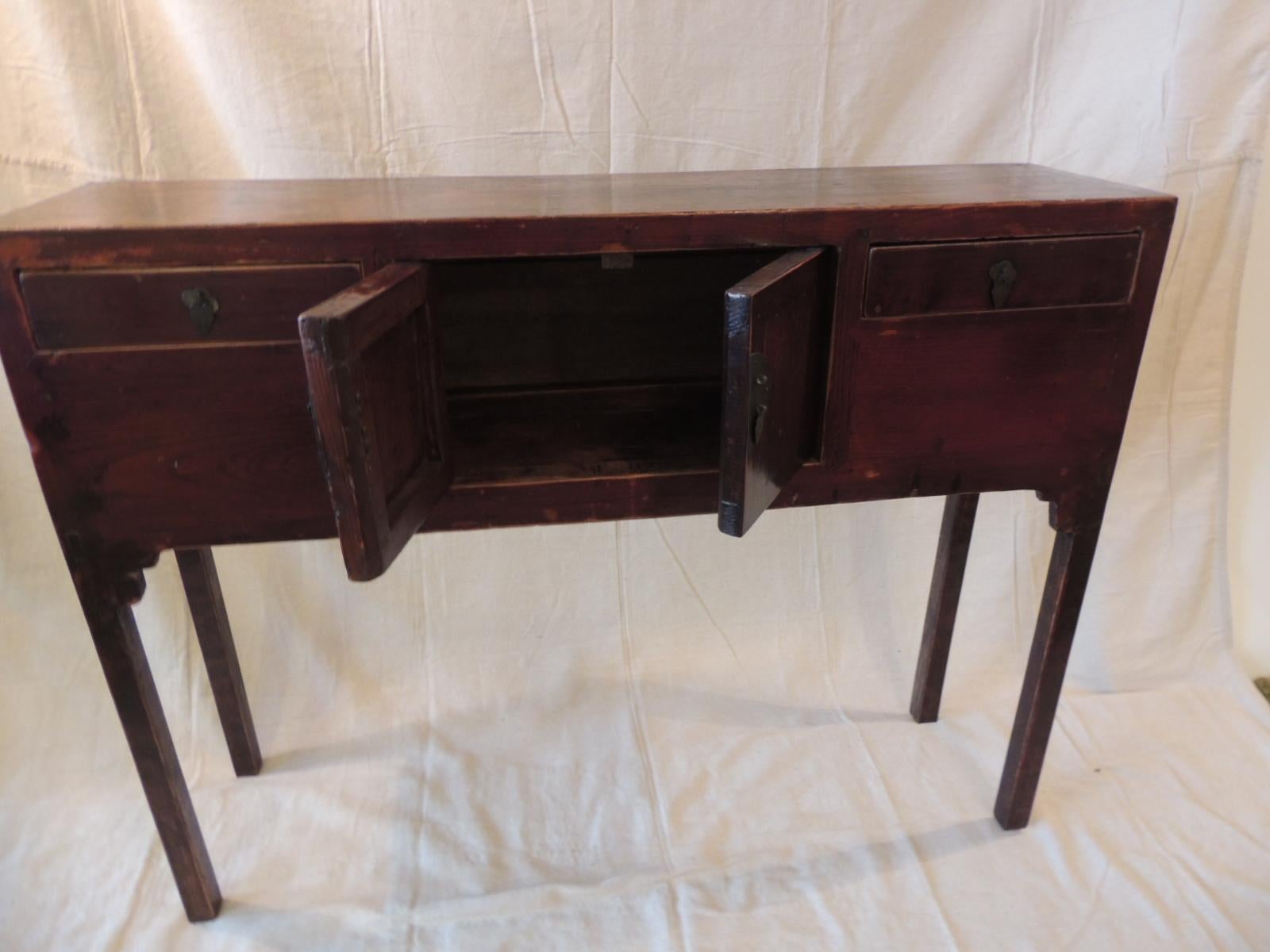 Vintage Asian Lacquered Red Console Table with Drawers and Doors In Fair Condition In Oakland Park, FL