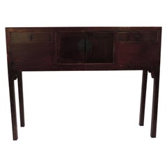 Vintage Asian Lacquered Red Console Table with Drawers and Doors