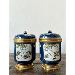 Vintage Asian Lidded Floral Ceramic Jars - A Pair