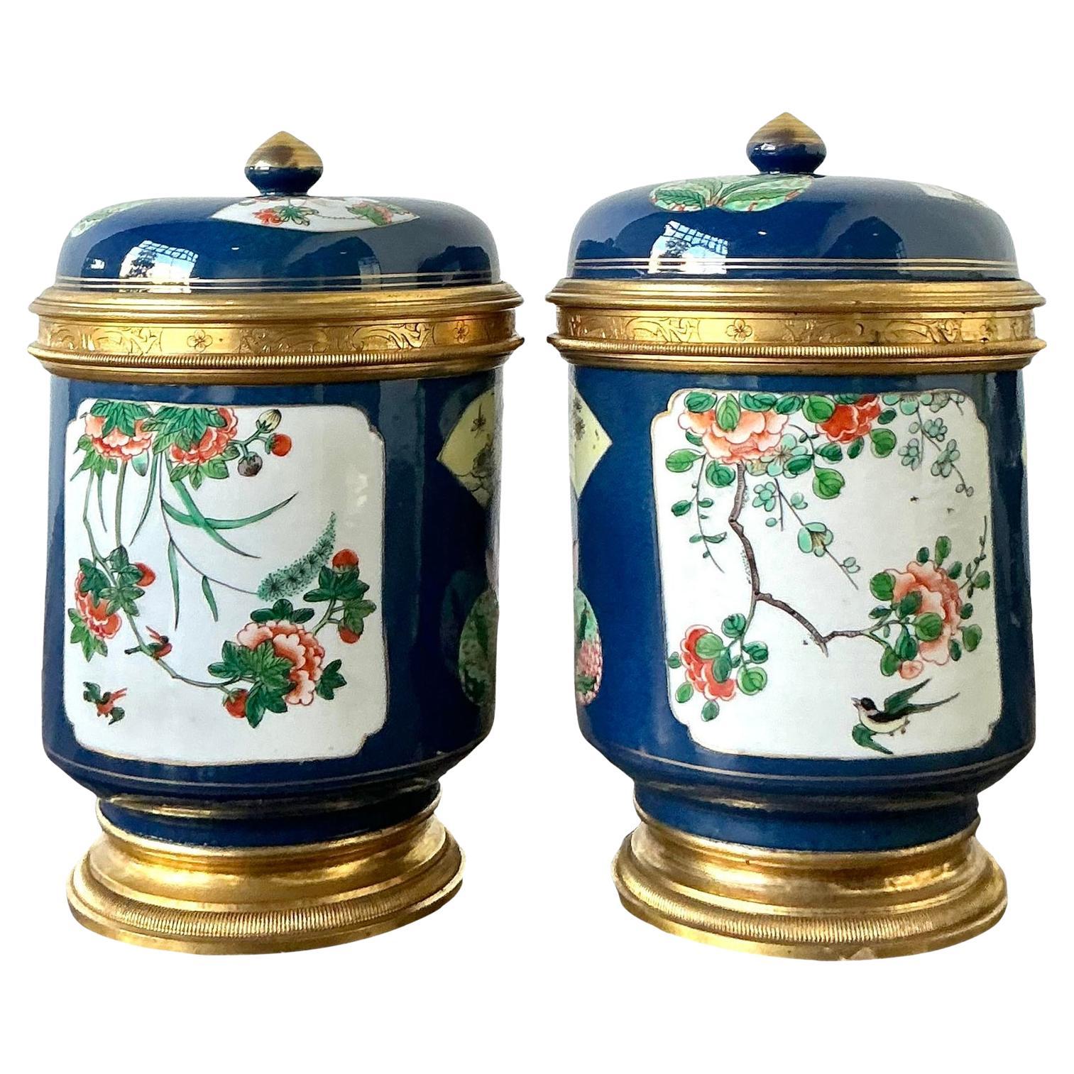 Vintage Asian Lidded Floral Ceramic Jars - A Pair
