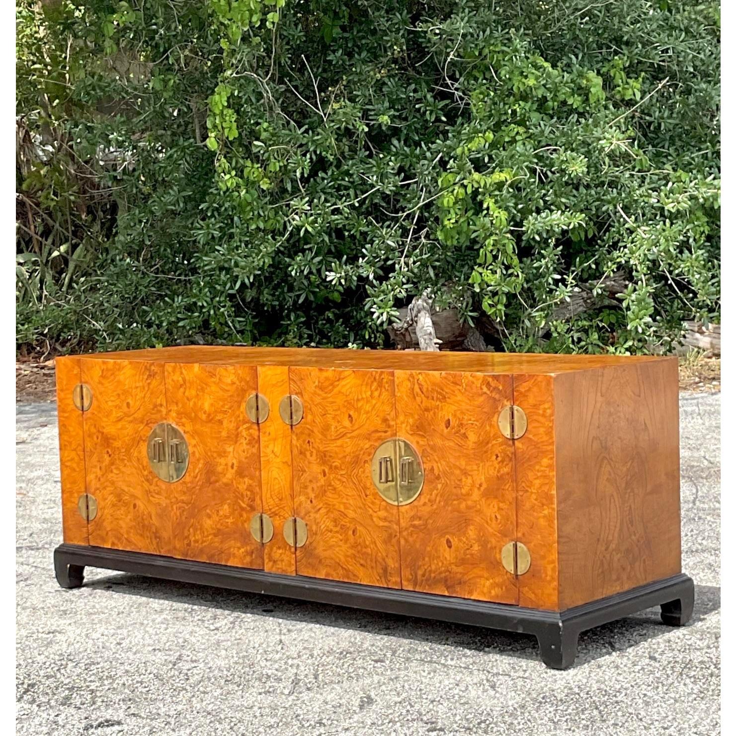 Vintage Asian Medallion Burl Wood Low Credenza For Sale 3