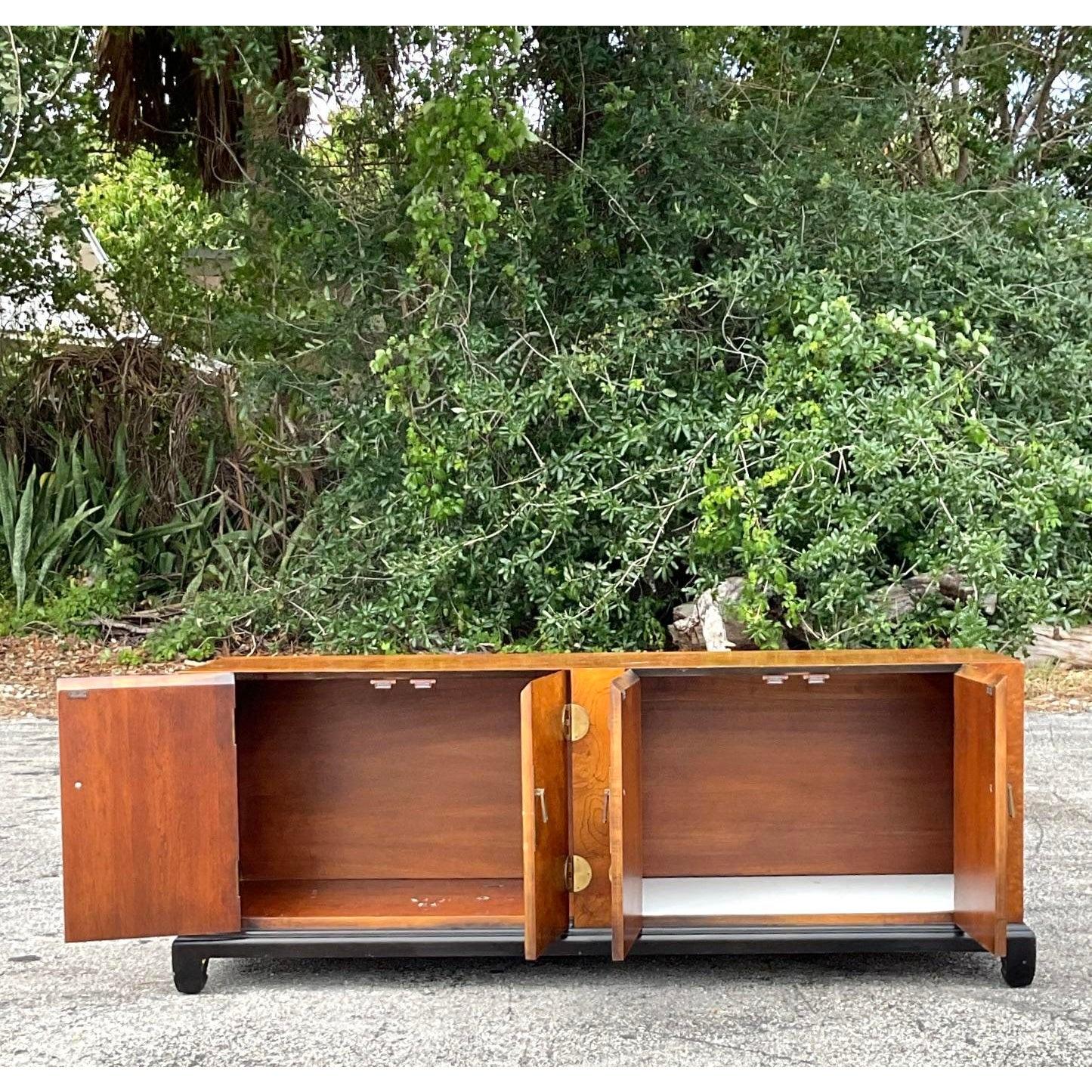 Vintage Asian Medallion Burl Wood Low Credenza For Sale 4