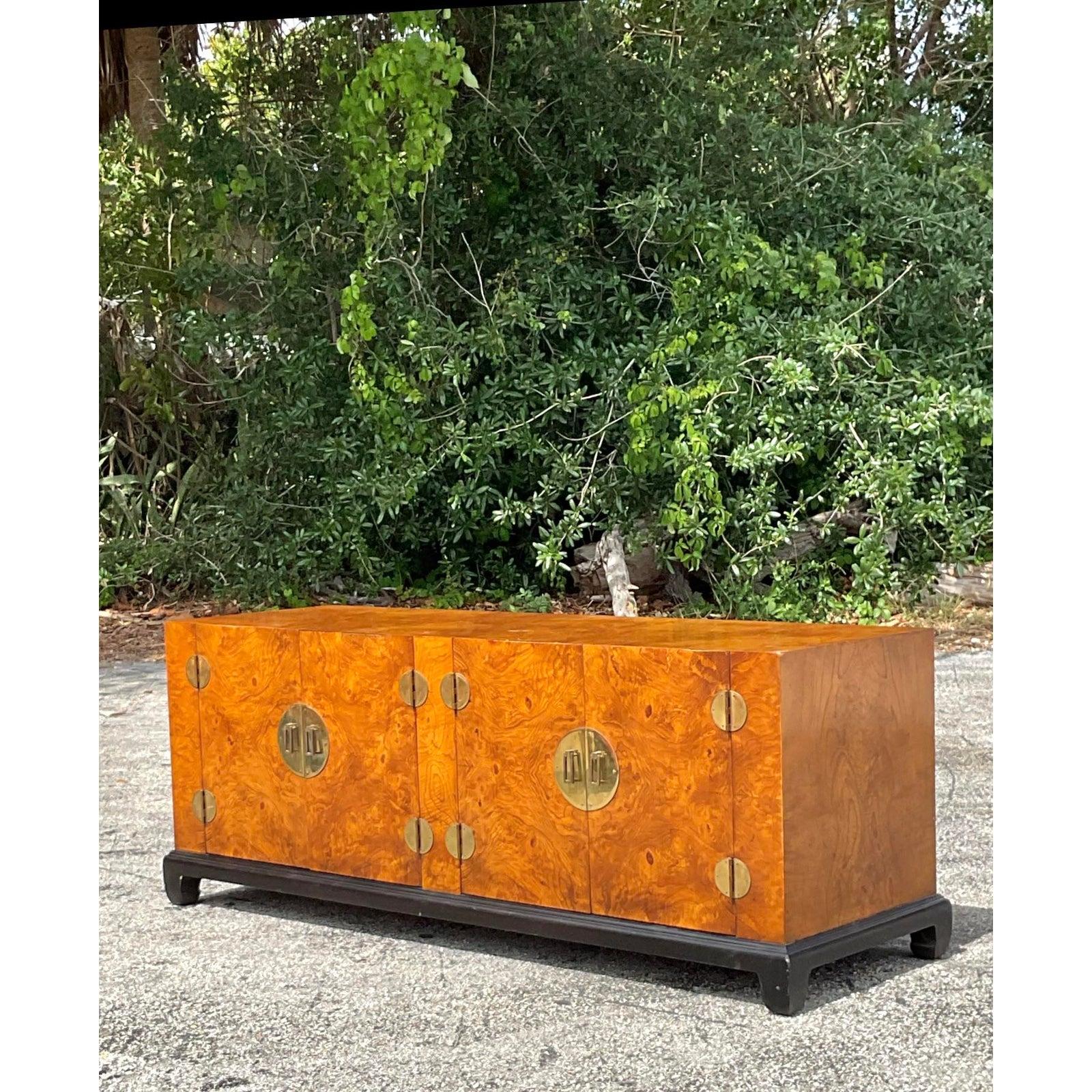 Chinoiserie Vintage Asian Medallion Burl Wood Low Credenza For Sale