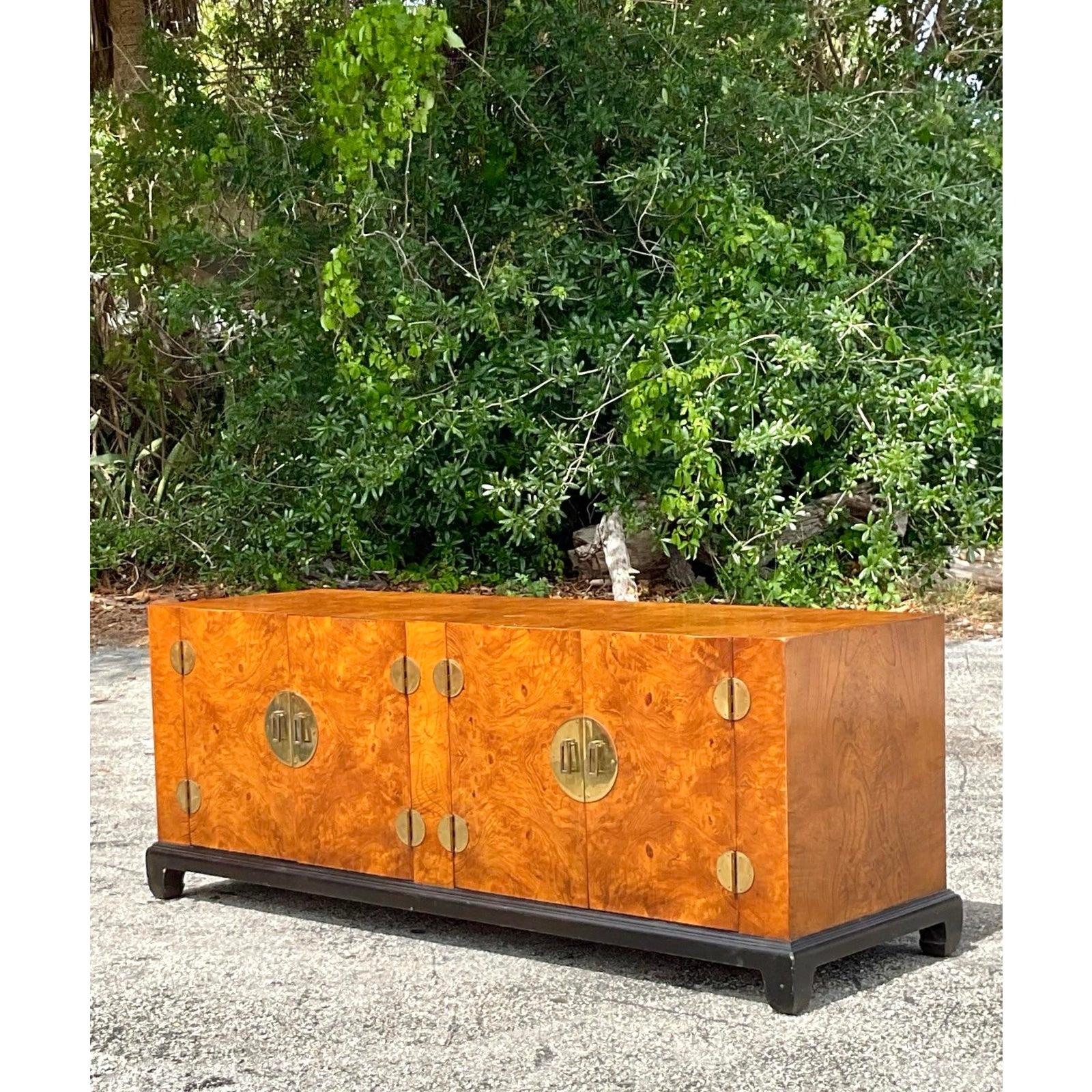 Vintage Asian Medallion Burl Wood Low Credenza In Good Condition For Sale In west palm beach, FL