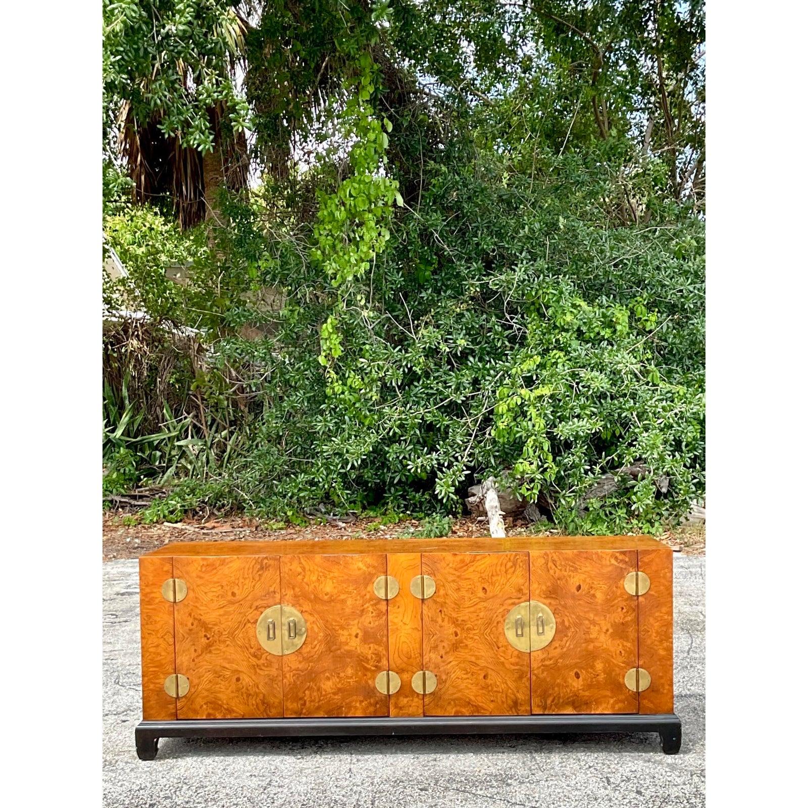 20th Century Vintage Asian Medallion Burl Wood Low Credenza For Sale