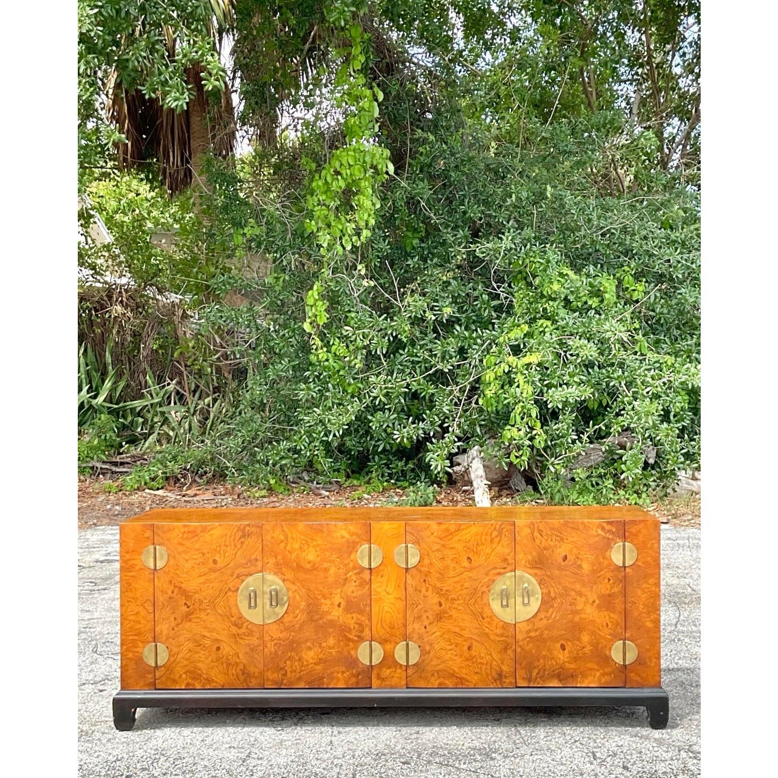 Brass Vintage Asian Medallion Burl Wood Low Credenza For Sale