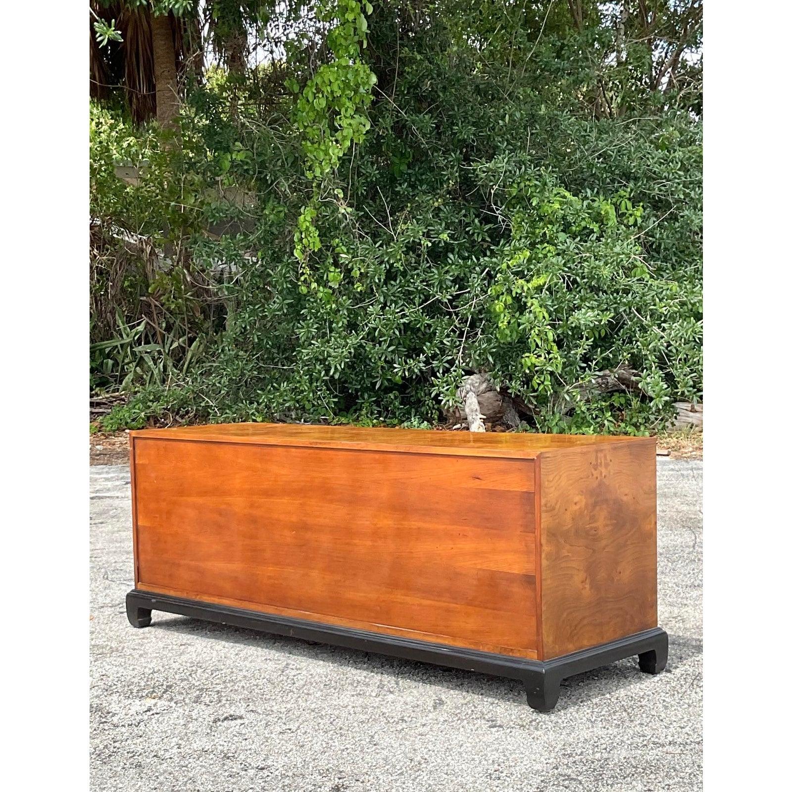 Vintage Asian Medallion Burl Wood Low Credenza For Sale 1