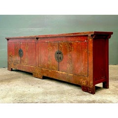 Vintage Asian Medallion Reclaimed Wood Long Credenza