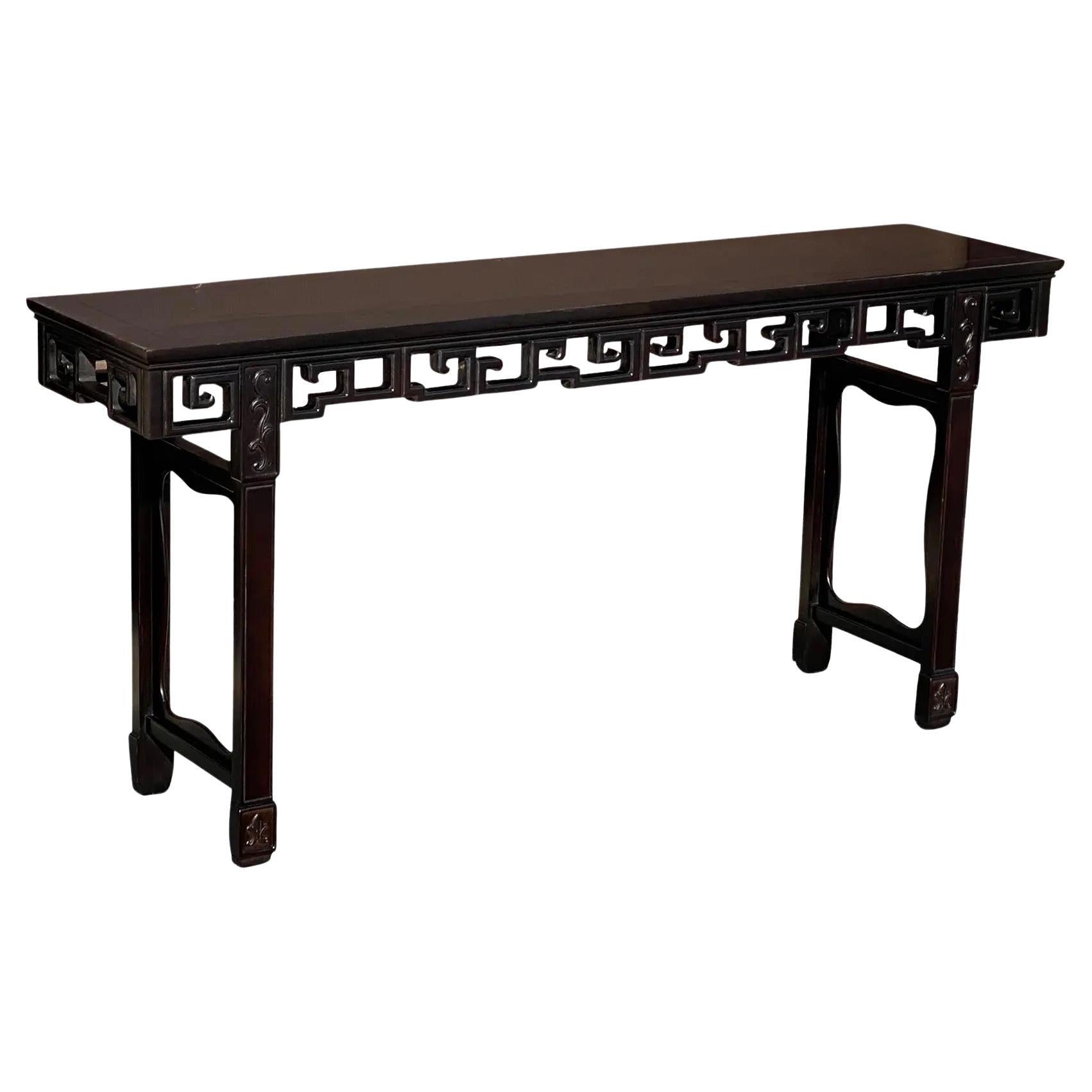 Vintage Asian Ming Carved Greek Key Ebonized Console Table