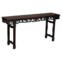 Vintage Asian Ming Carved Greek Key Ebonized Console Table