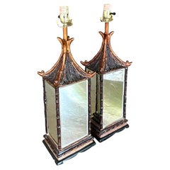 Vintage Asian Mirrored Pagoda Lamps, a Pair