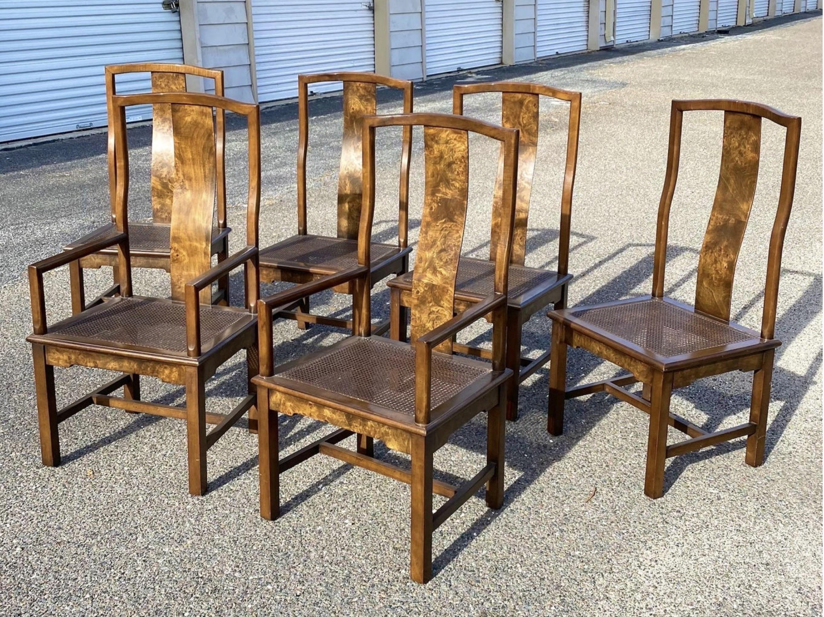Vintage Asian-Modern Burl and Cane Dining Chairs, a Set of 6 1