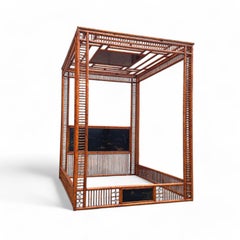 Vintage Asian Modern Faux Bamboo Canopy Queen Bed Frame