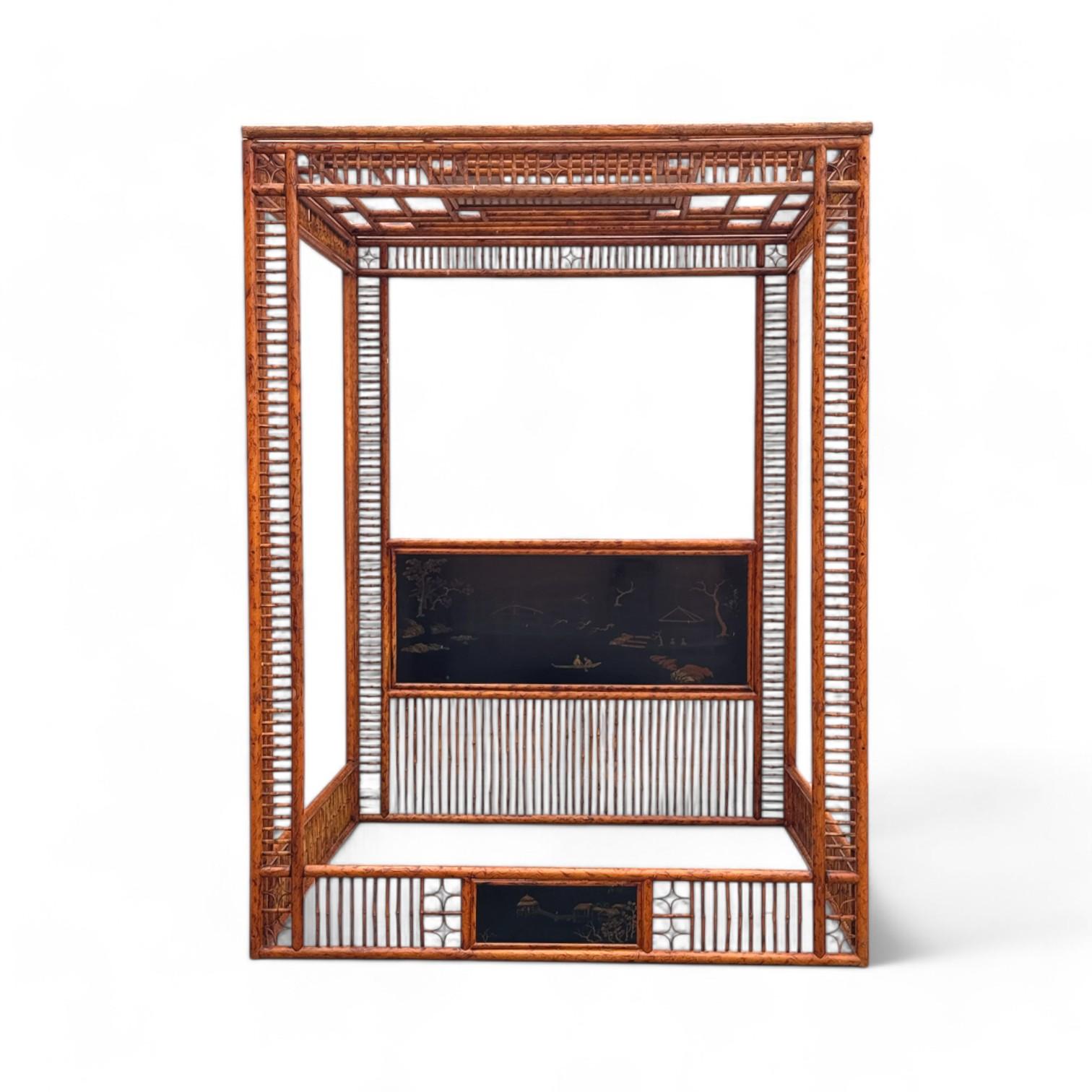 Vintage Asian Modern Faux Bamboo Canopy Queen Bettgestell (Japonismus) im Angebot