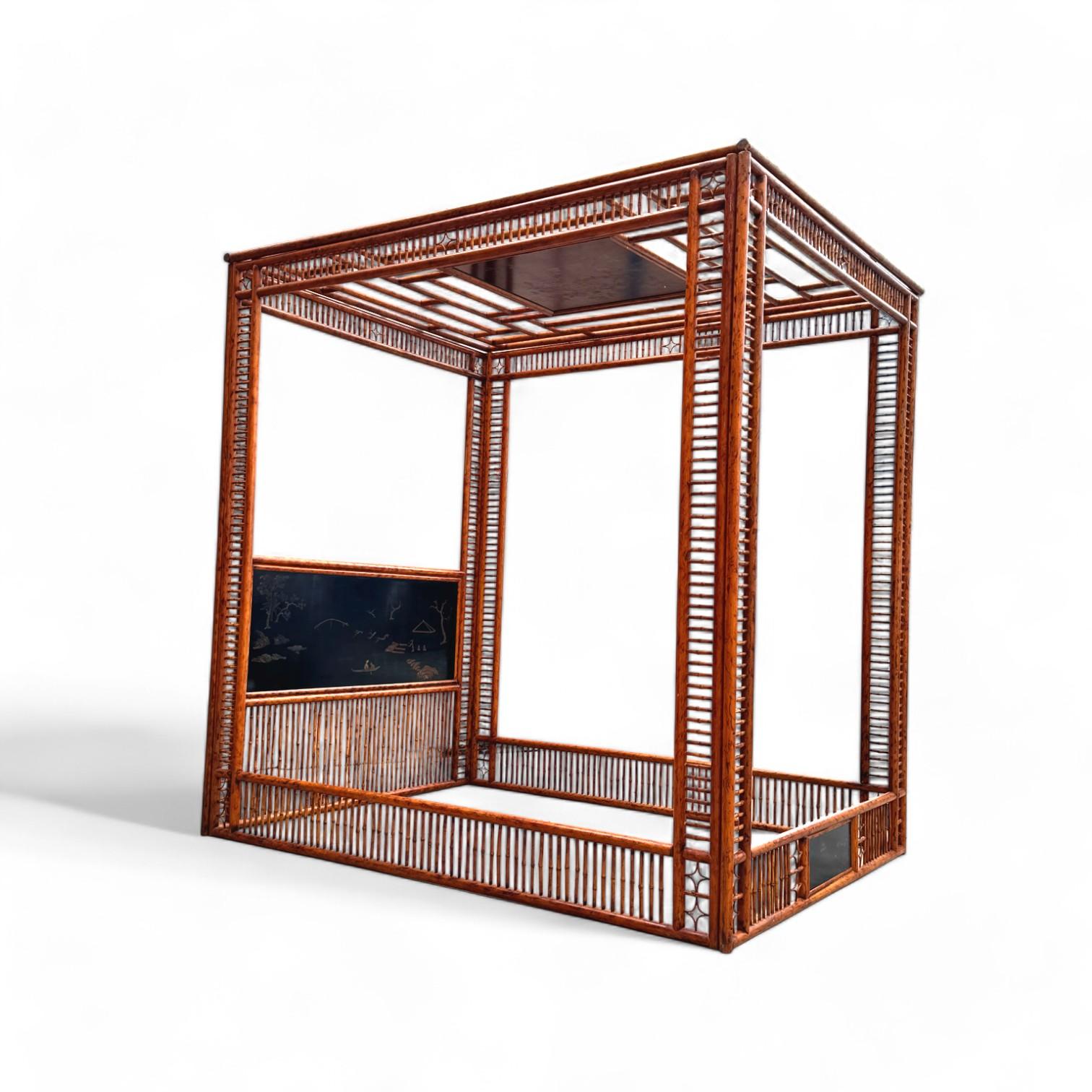 Vintage Asian Modern Faux Bamboo Canopy Queen Bettgestell (Japanisch) im Angebot