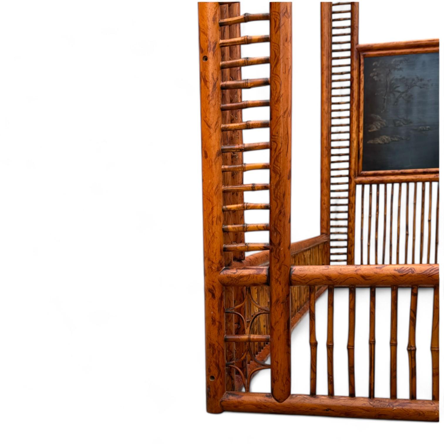 Vintage Asian Modern Faux Bamboo Canopy Queen Bettgestell (Handgefertigt) im Angebot