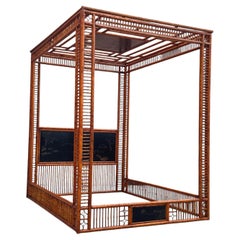 Vintage Asian Modern Faux Bamboo Canopy Queen Bed Frame