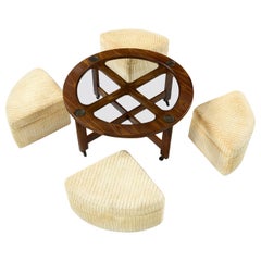 Vintage Asian Modern Gaming Table Set with Round Tea Table and Corduroy Stools