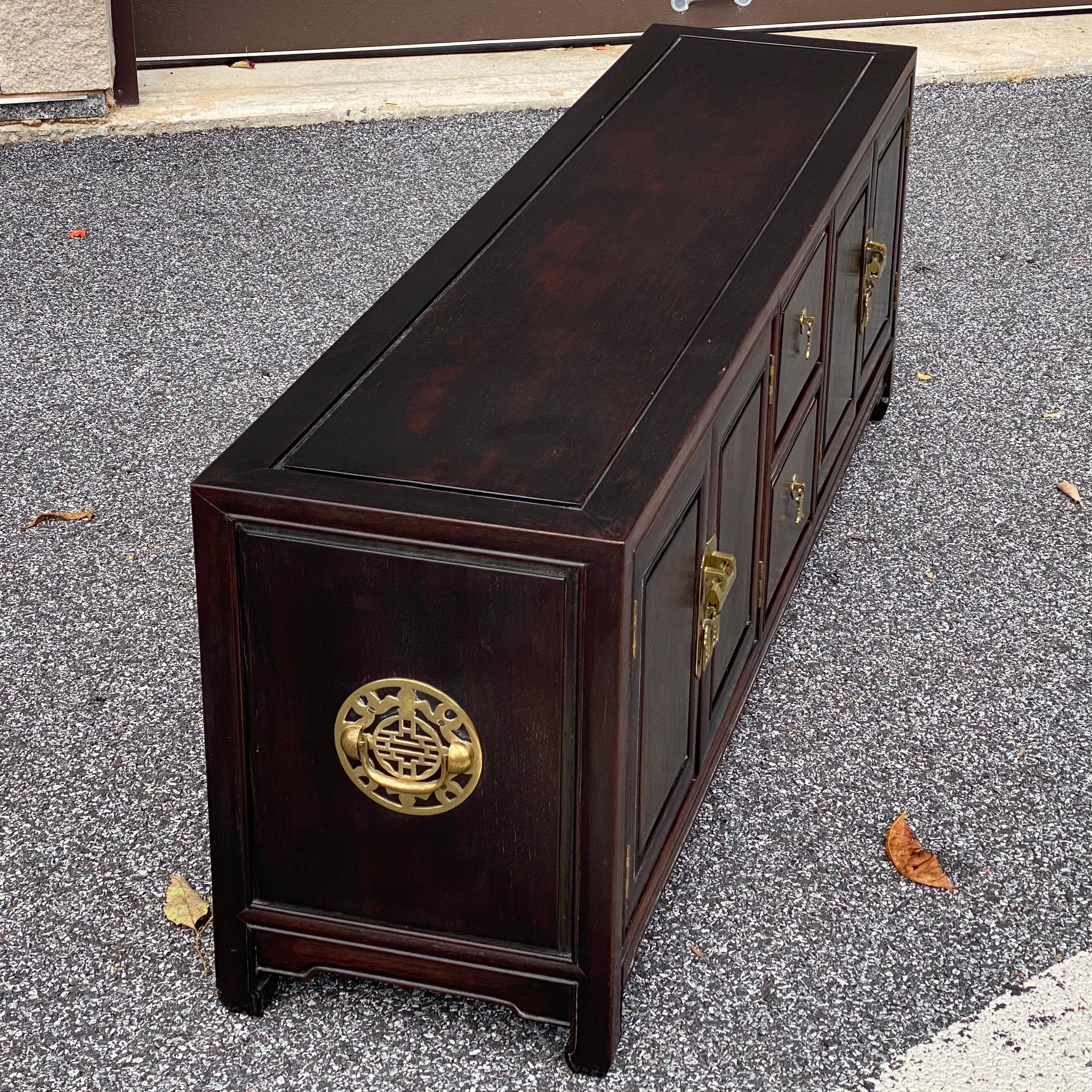 Vintage Asian Modern Ming Solid Rosewood Low Credenza from Hong Kong For Sale 7