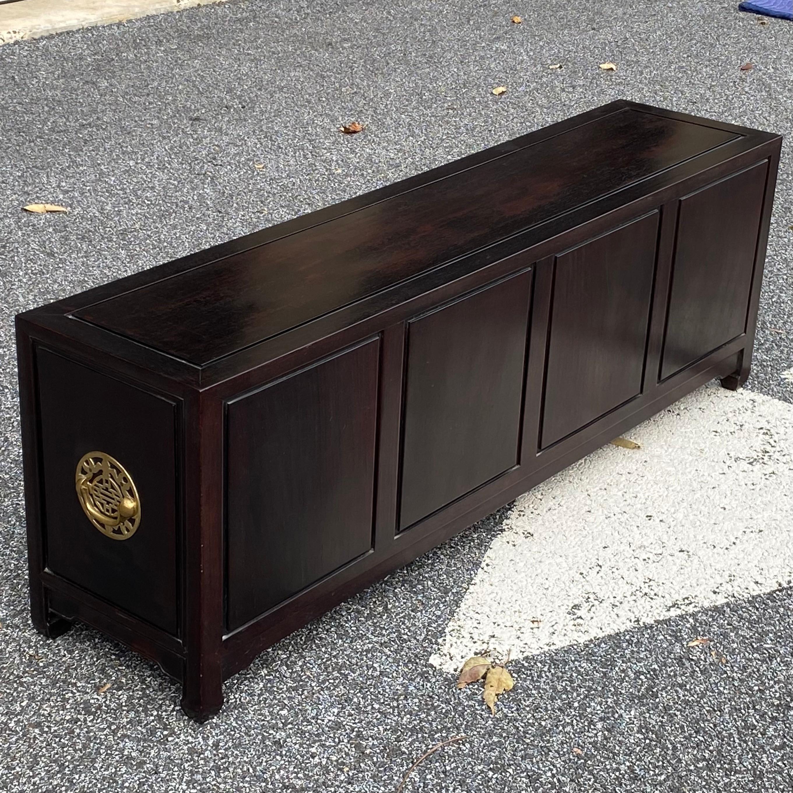 Vintage Asian Modern Ming Solid Rosewood Low Credenza from Hong Kong For Sale 8