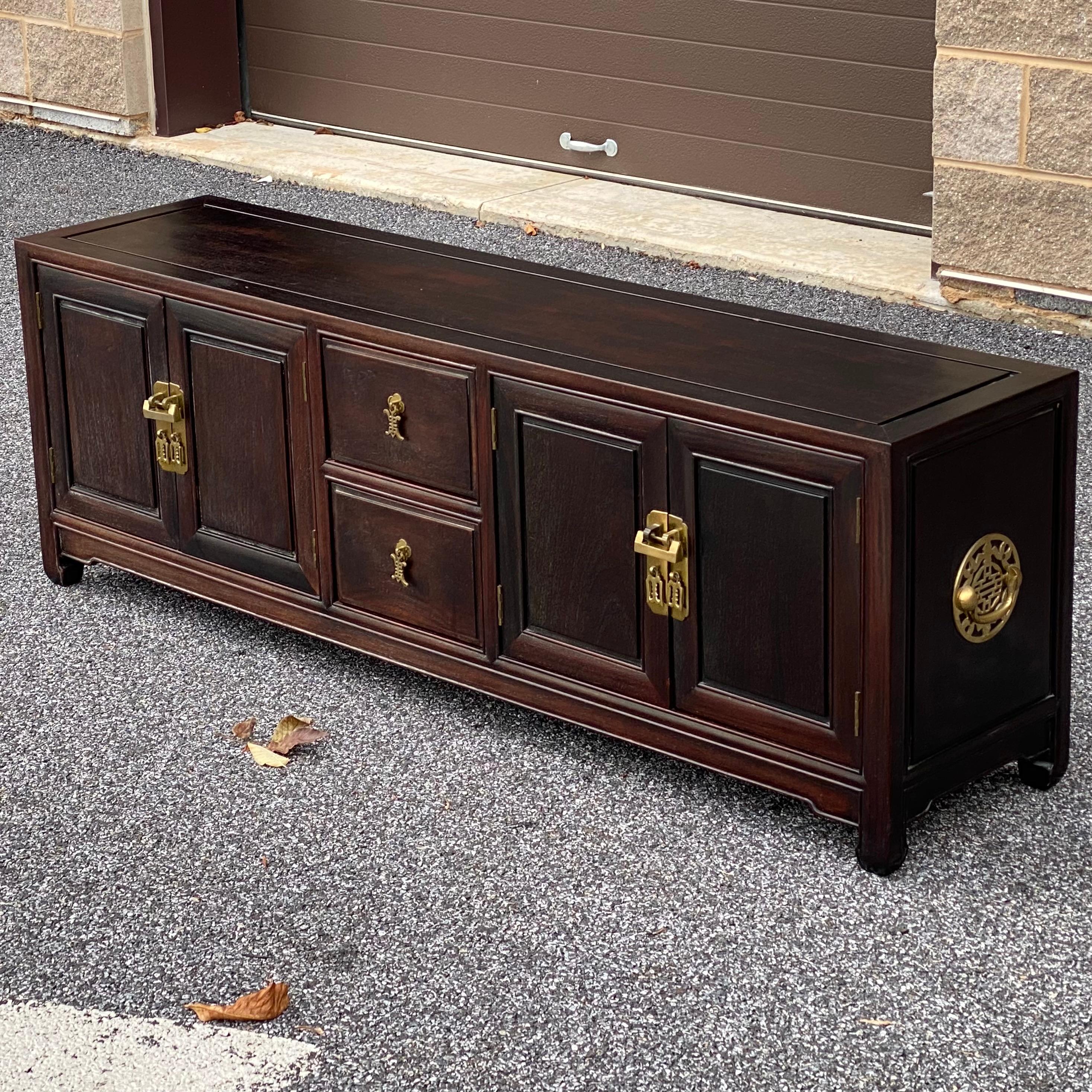 Chinoiserie Vintage Asian Modern Ming Solid Rosewood Low Credenza from Hong Kong For Sale