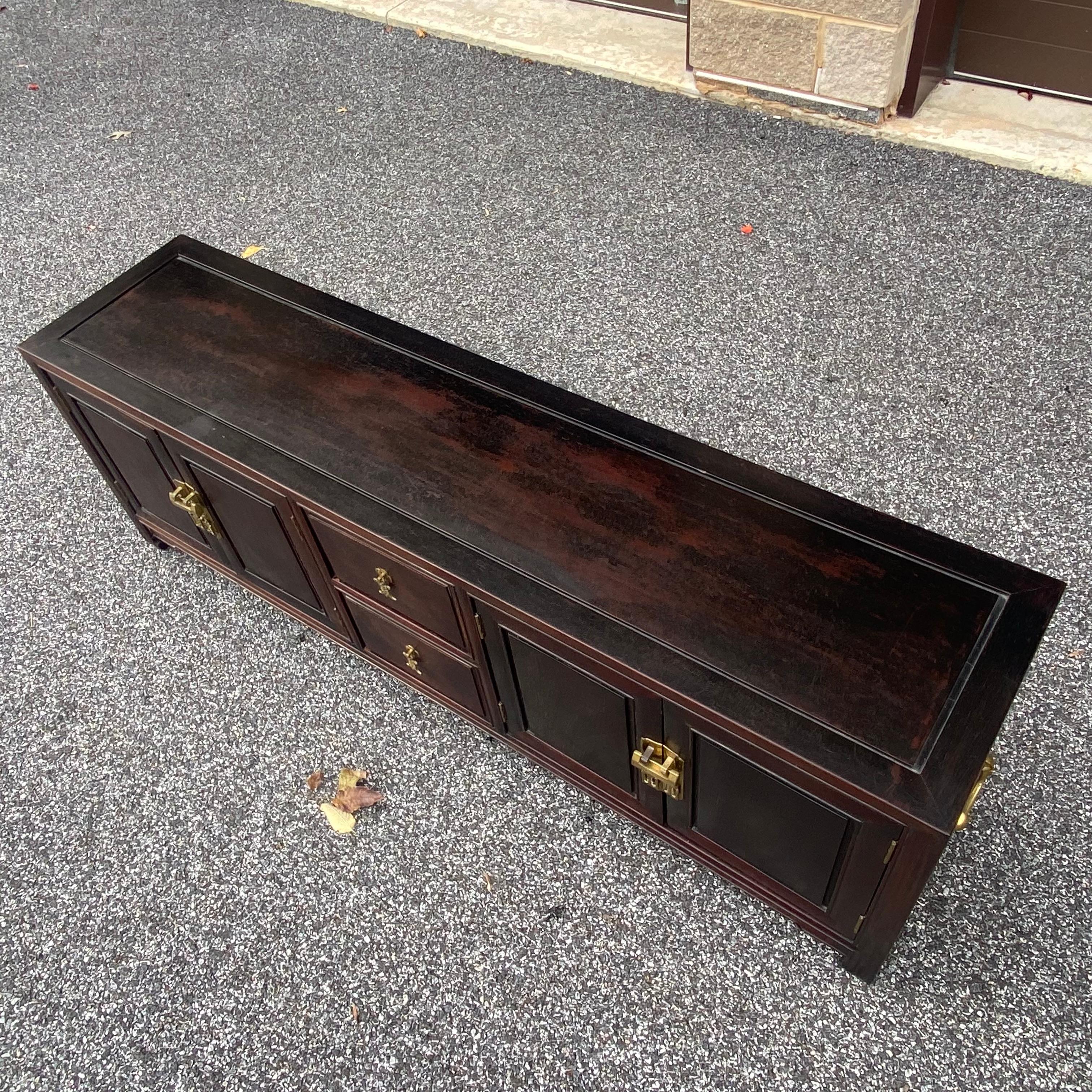 Vintage Asian Modern Ming Solid Rosewood Low Credenza from Hong Kong In Good Condition For Sale In West Chester, PA