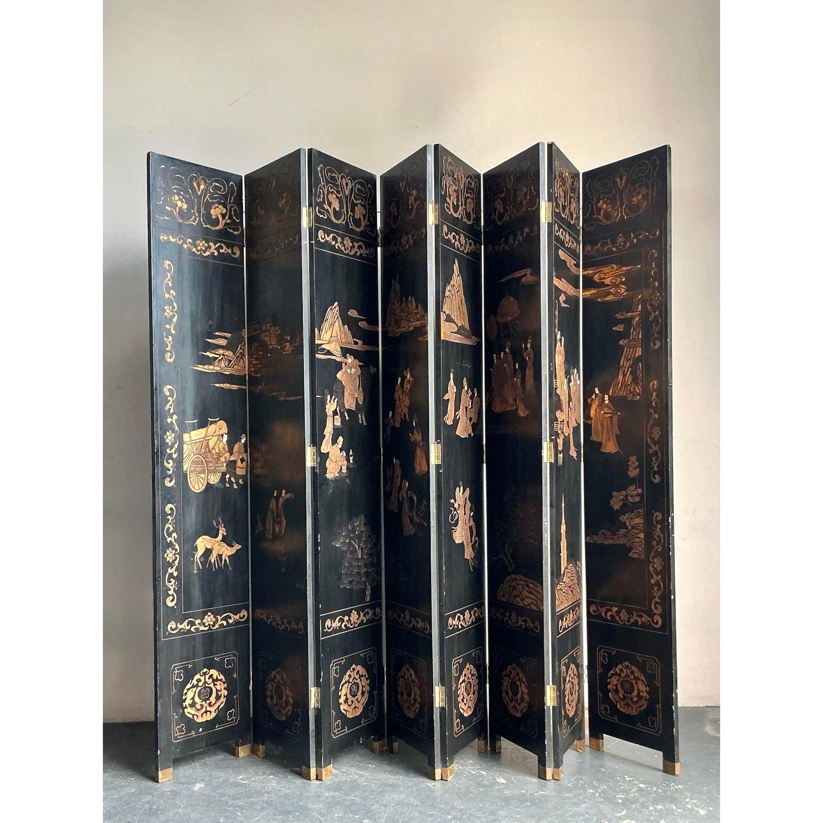 Paravento asiatico monumentale a 8 pannelli Coromandel d'epoca in vendita 3