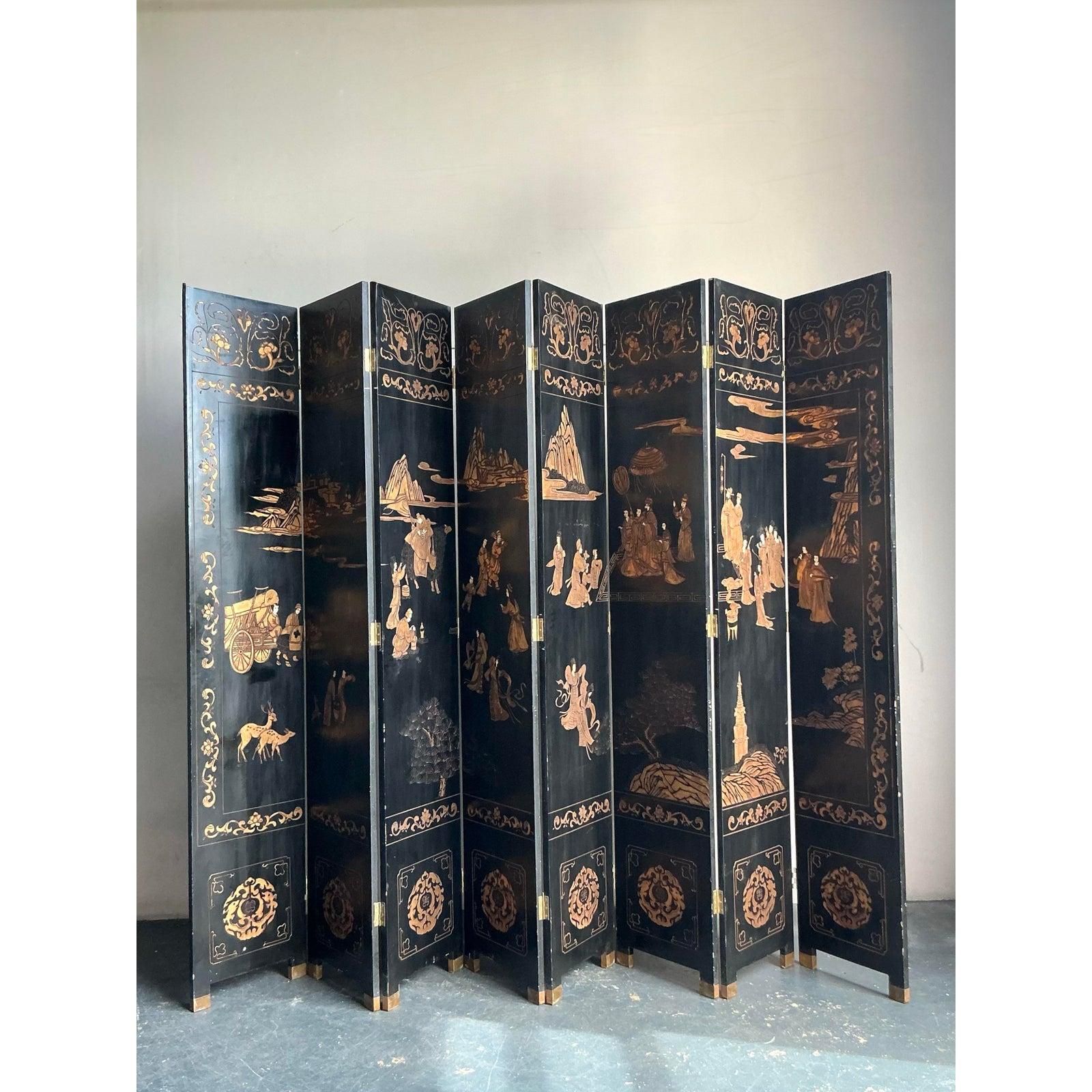 Paravento asiatico monumentale a 8 pannelli Coromandel d'epoca in vendita 4