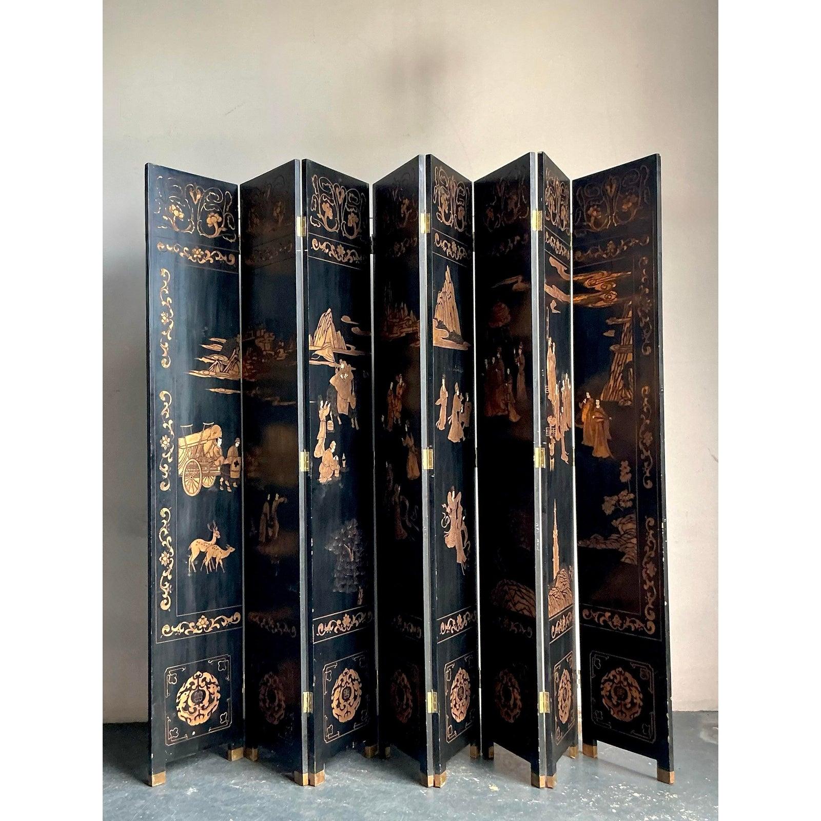 Paravento asiatico monumentale a 8 pannelli Coromandel d'epoca in vendita 5