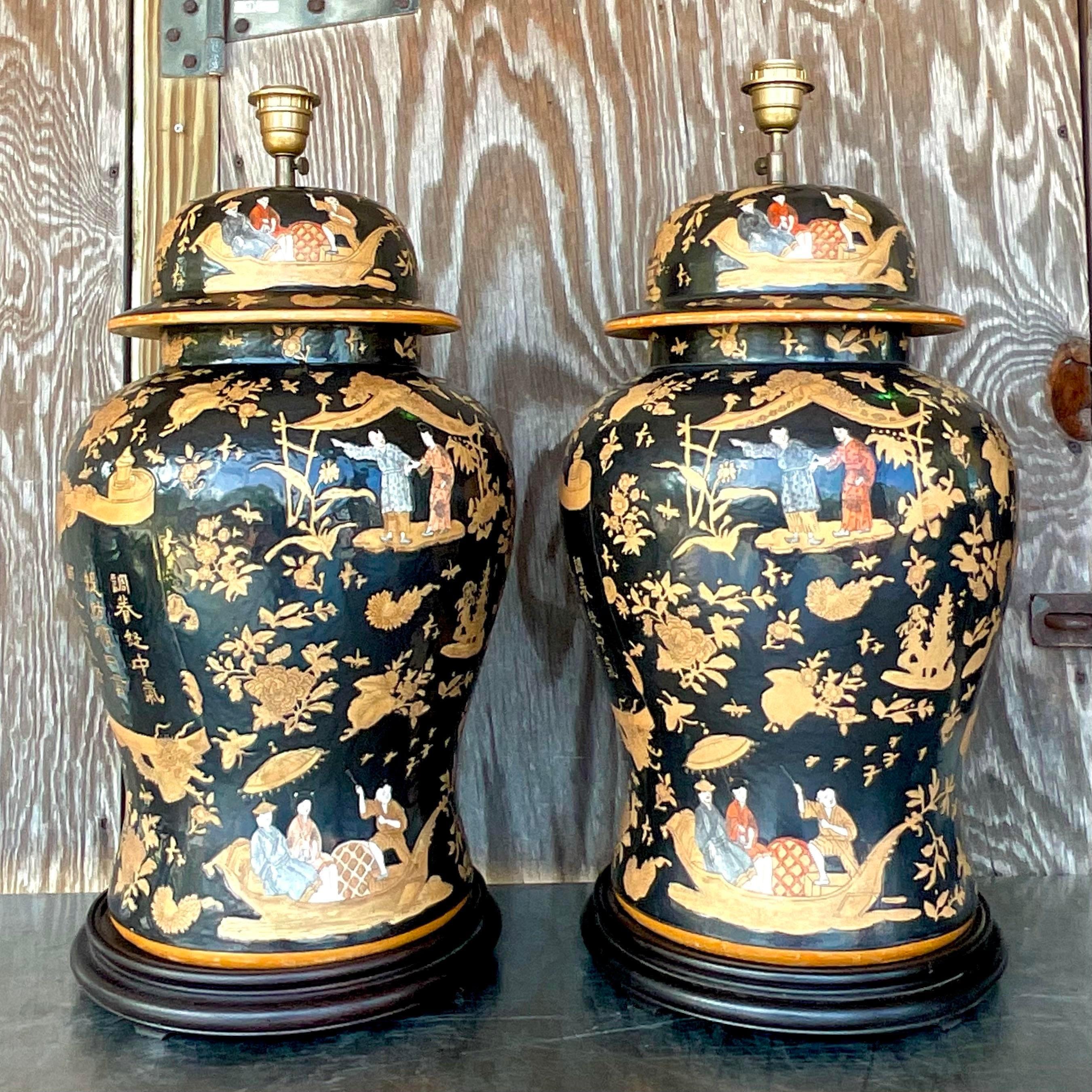 North American Vintage Asian Monumental Chinoiserie Ginger Jars Lamps - a Pair