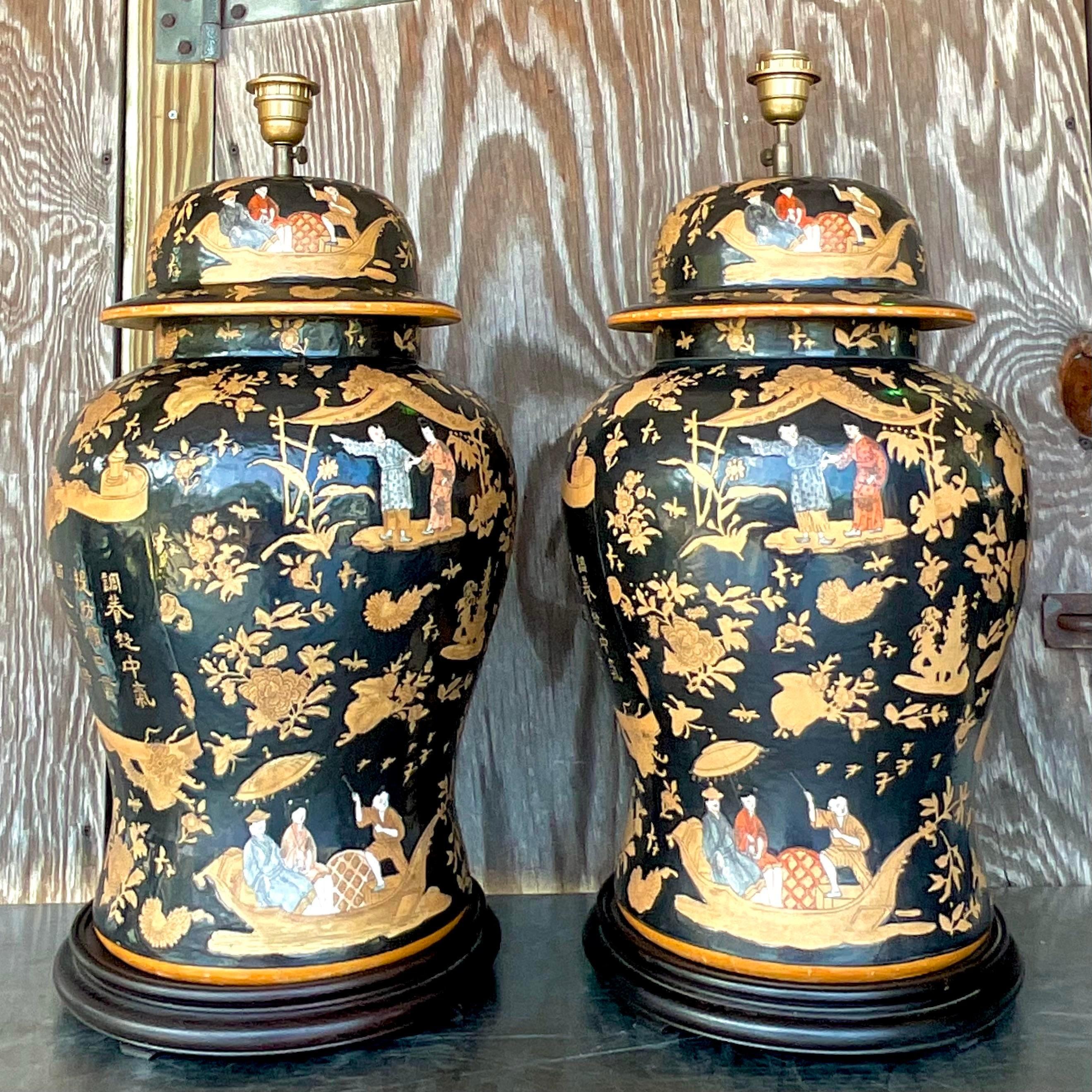Vintage Asian Monumental Chinoiserie Ginger Jars Lamps - a Pair In Good Condition In west palm beach, FL