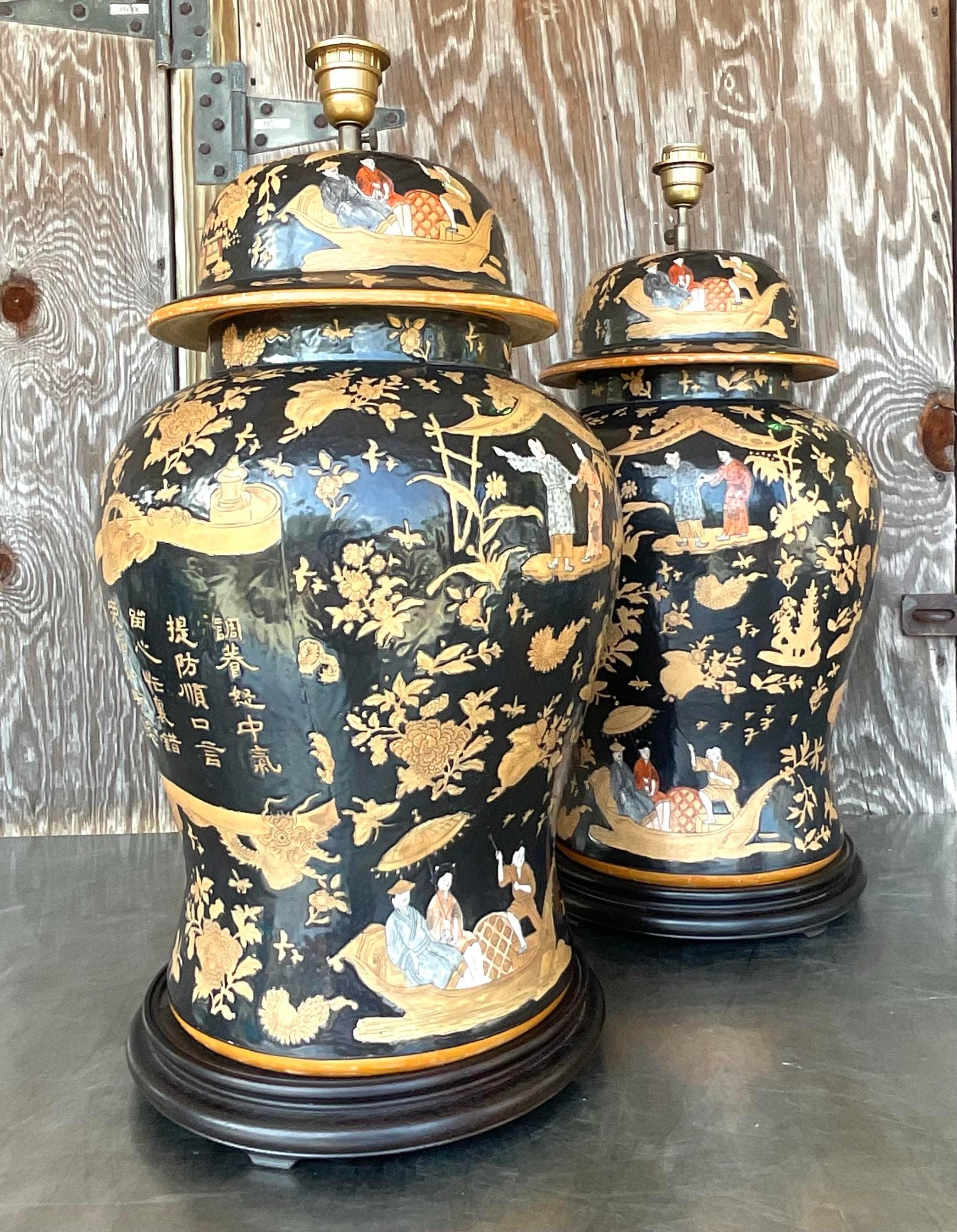 20th Century Vintage Asian Monumental Chinoiserie Ginger Jars Lamps - a Pair