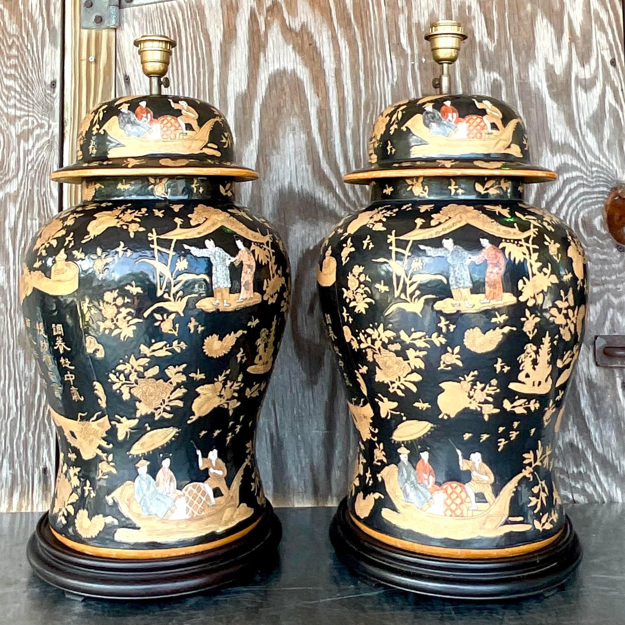 Metal Vintage Asian Monumental Chinoiserie Ginger Jars Lamps - a Pair