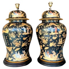 Vintage Asian Monumental Chinoiserie Ginger Jars Lamps - a Pair