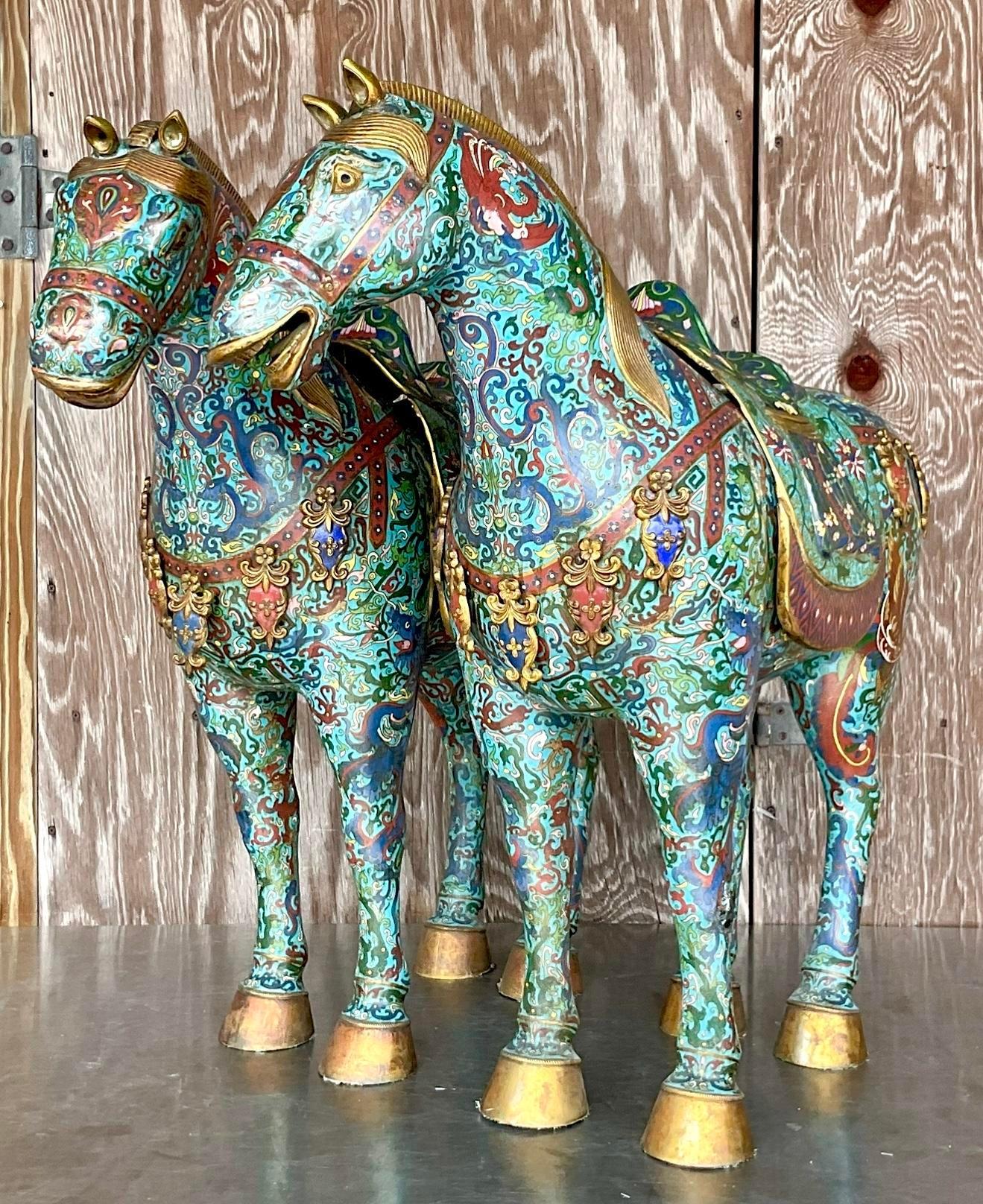 Bohemian Vintage Asian Monumental Cloisonné Enameled Horses - a Pair For Sale