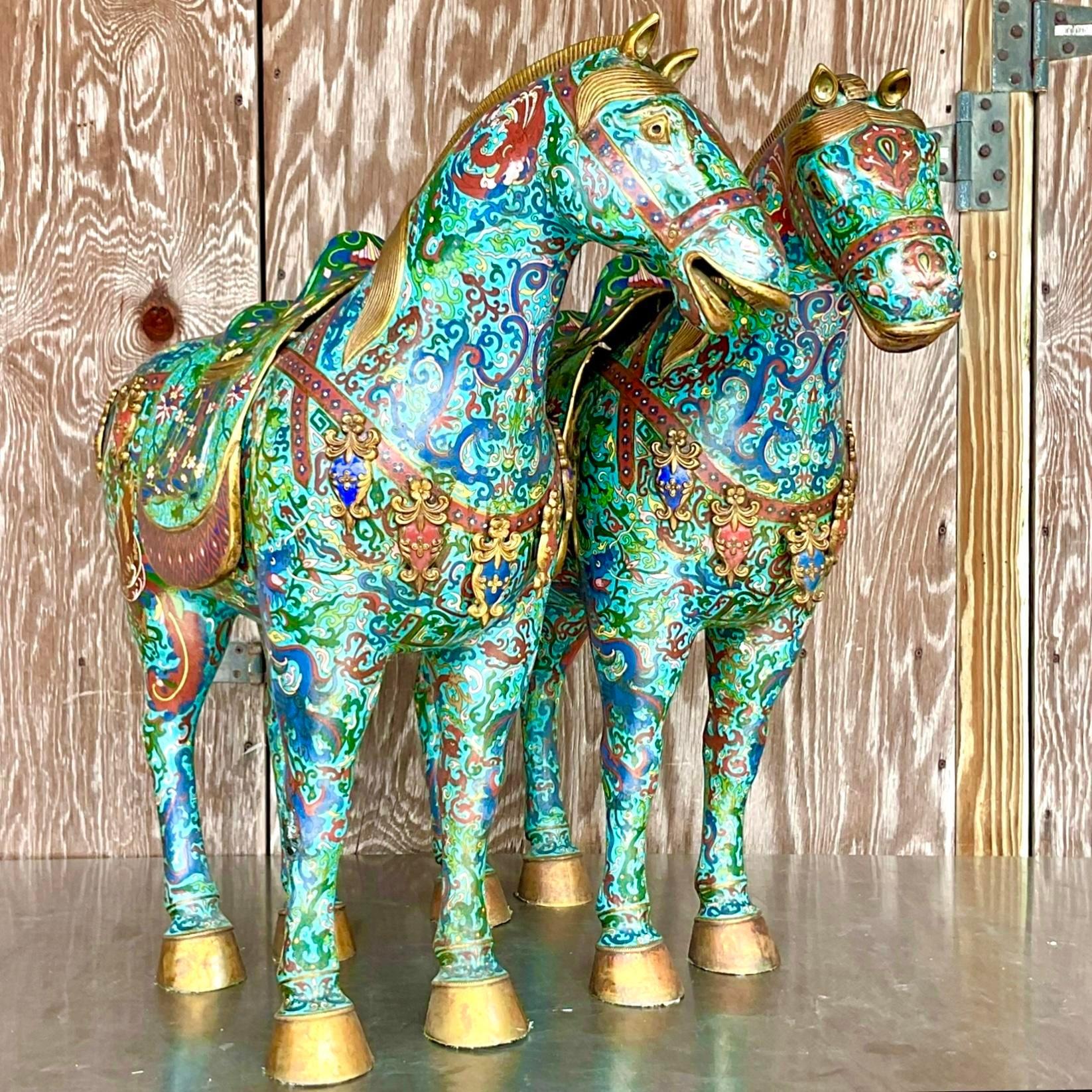 Chinese Vintage Asian Monumental Cloisonné Enameled Horses - a Pair For Sale